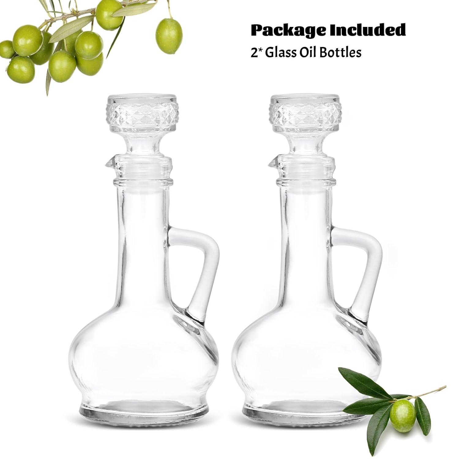 Cornucopia Brands 8oz Glass Oil and Vinegar Cruets (Set of 2); Round Oil Dispensers / Salad Dressing Bottles w/ Stoppers