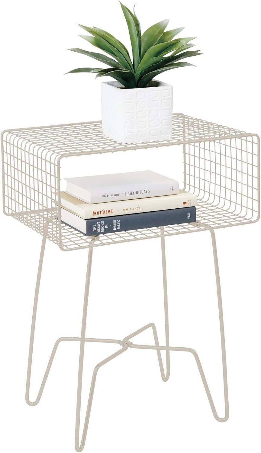 mDesign Modern Industrial Side Table with Storage Shelf, 2-Tier Metal Minimal End Table, Metallic Caged Grid - Accent Furniture for Living Room, Bedroom, Office, Dorm, Concerto Collection, Cream/Beige