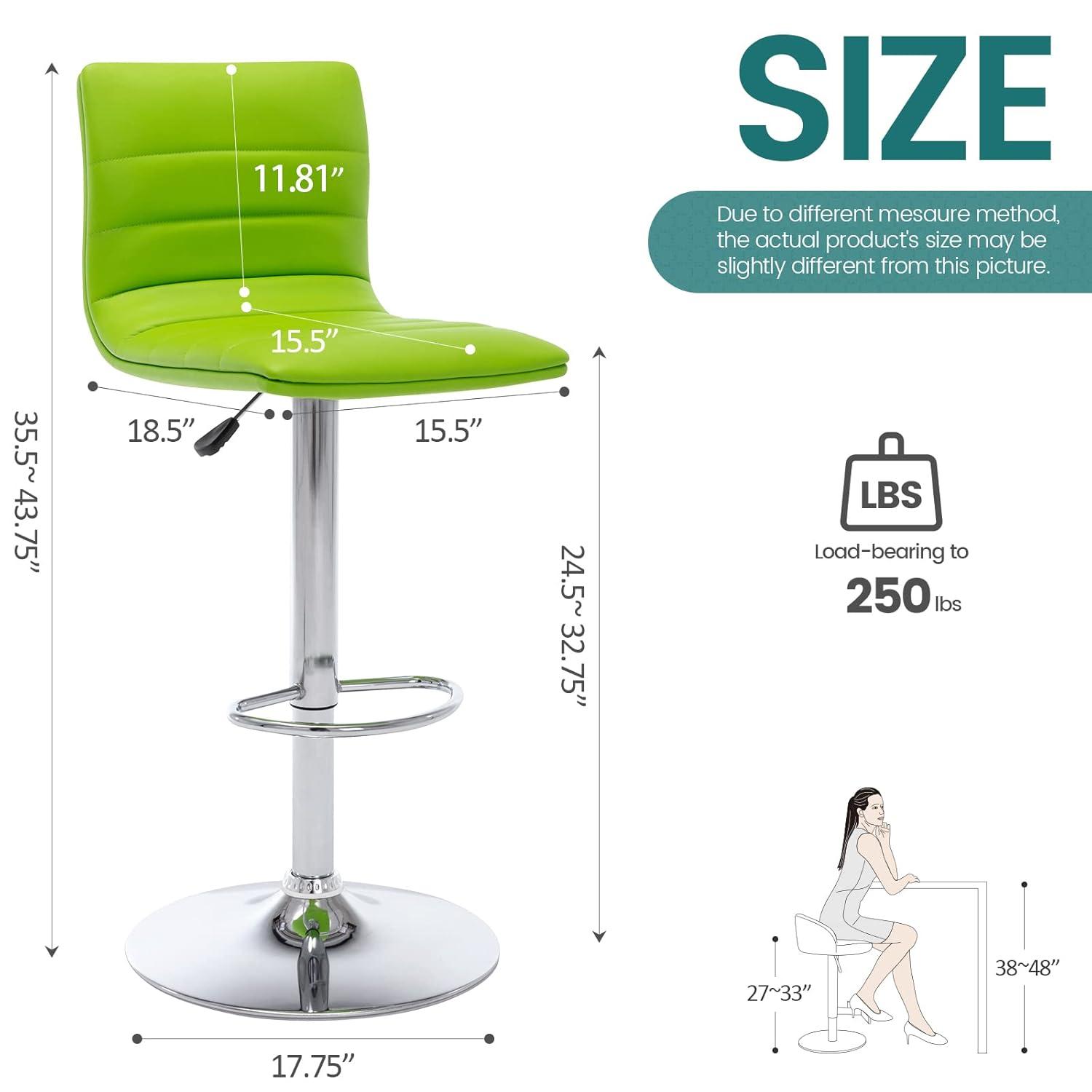 Flash Furniture Modern Green Vinyl Adjustable Bar Stool with Back, Counter Height Swivel Stool with Chrome Pedestal Base
