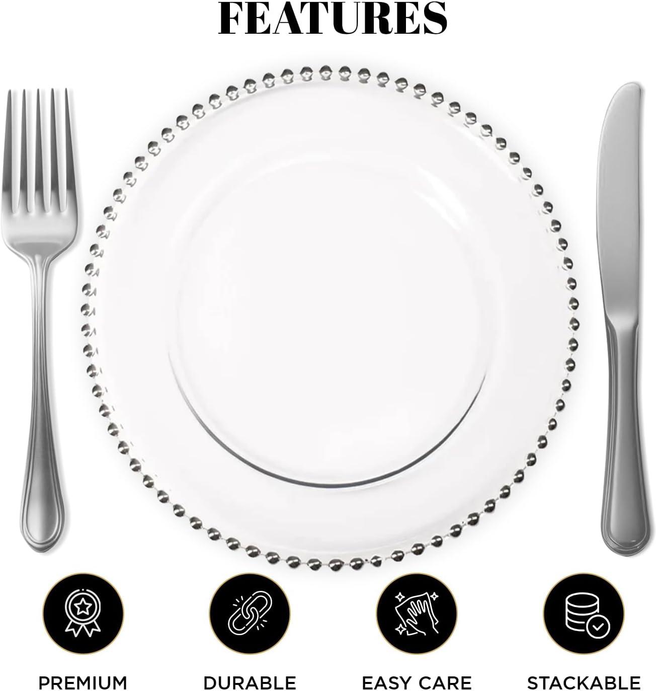 Handcrafted Silver Glass Beaded Charger Plates, 13-inch, Set of 8