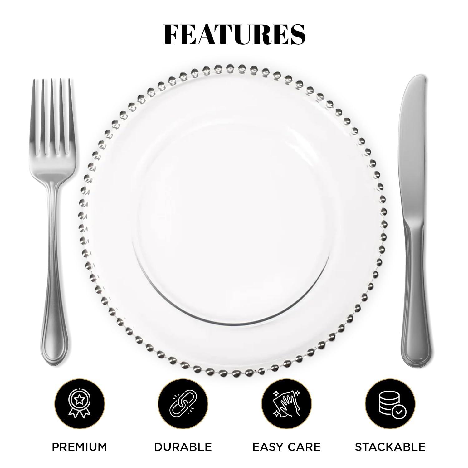 Handcrafted Silver Glass Beaded Charger Plates, 13-inch, Set of 8