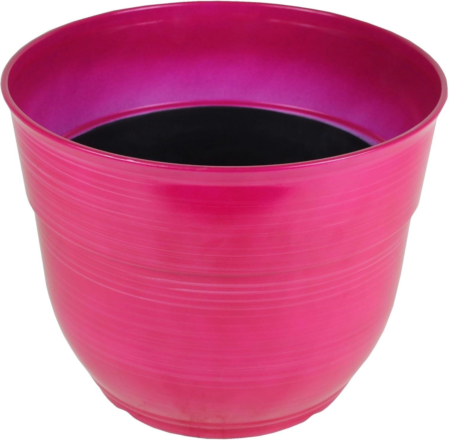 Garden Elements Indoor/Outdoor Glazed Brushed Happy Plastic Planter, Large, Bright Pink, 15"