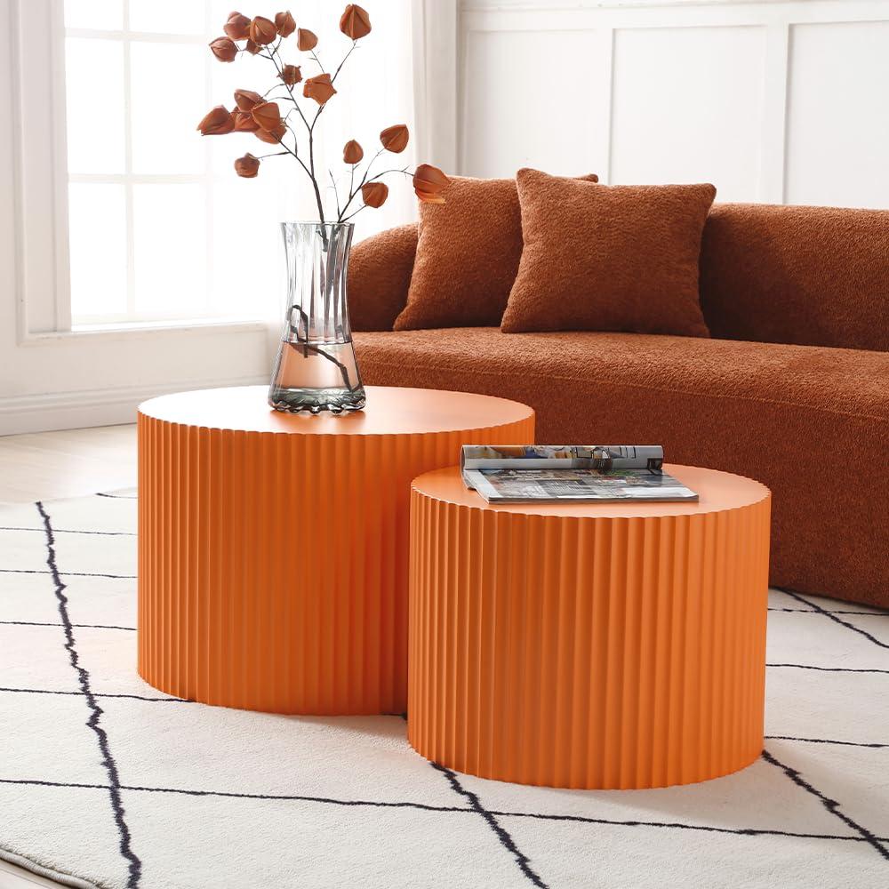 WILLIAMSPACE Nesting Coffee Table Set of 2, Matte Orange Round Wooden Coffee Tables, Modern Luxury Side Tables Accent End Table for Living Room Apartment, 23.62"*23.62"*15.75"H (Orange,Round)