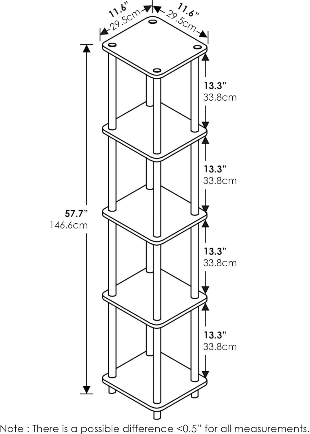 Furinno 5-Tier Corner Square Bookshelf Anti-Tipping Display Rack Shelf for Bathroom&Closet&Home Office&Living Room&Kitchen