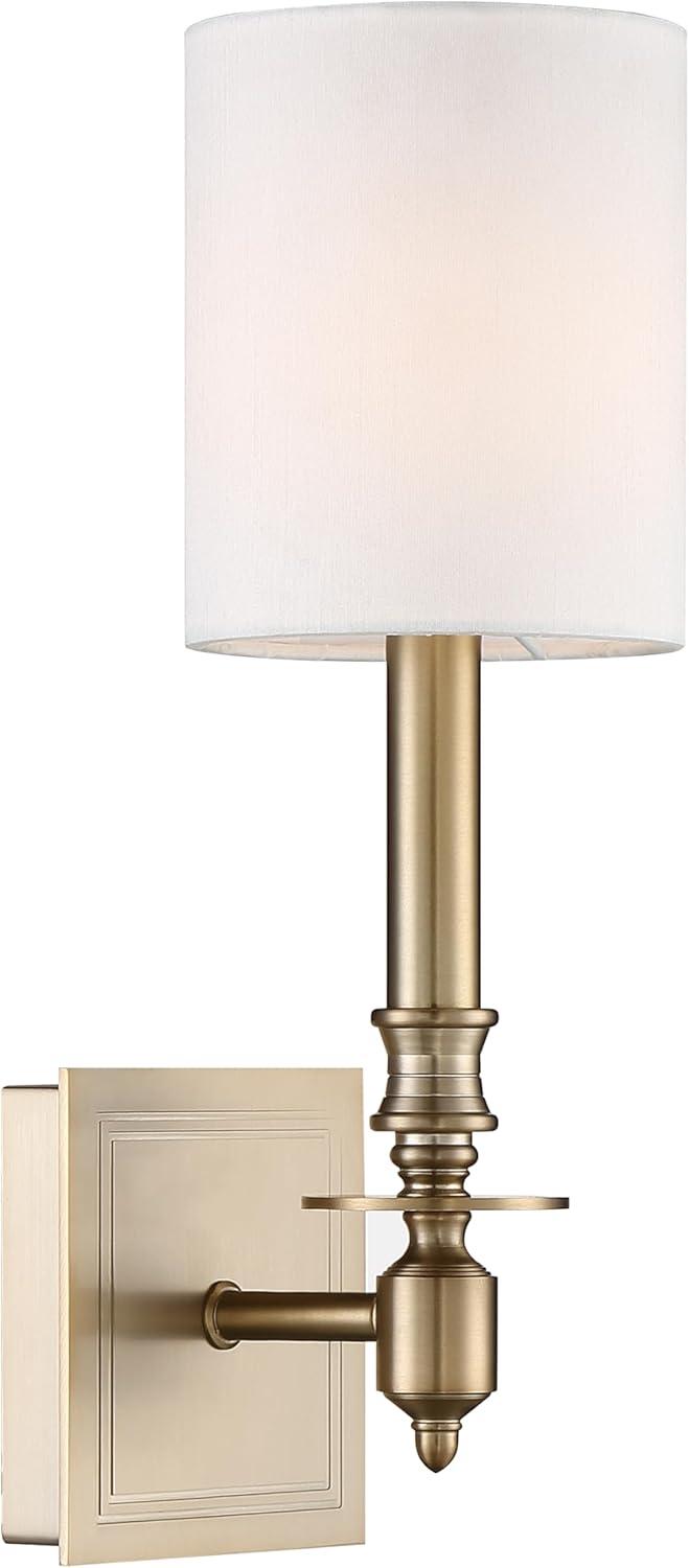 Aged Brass Dimmable Sconce with White Silk Shade