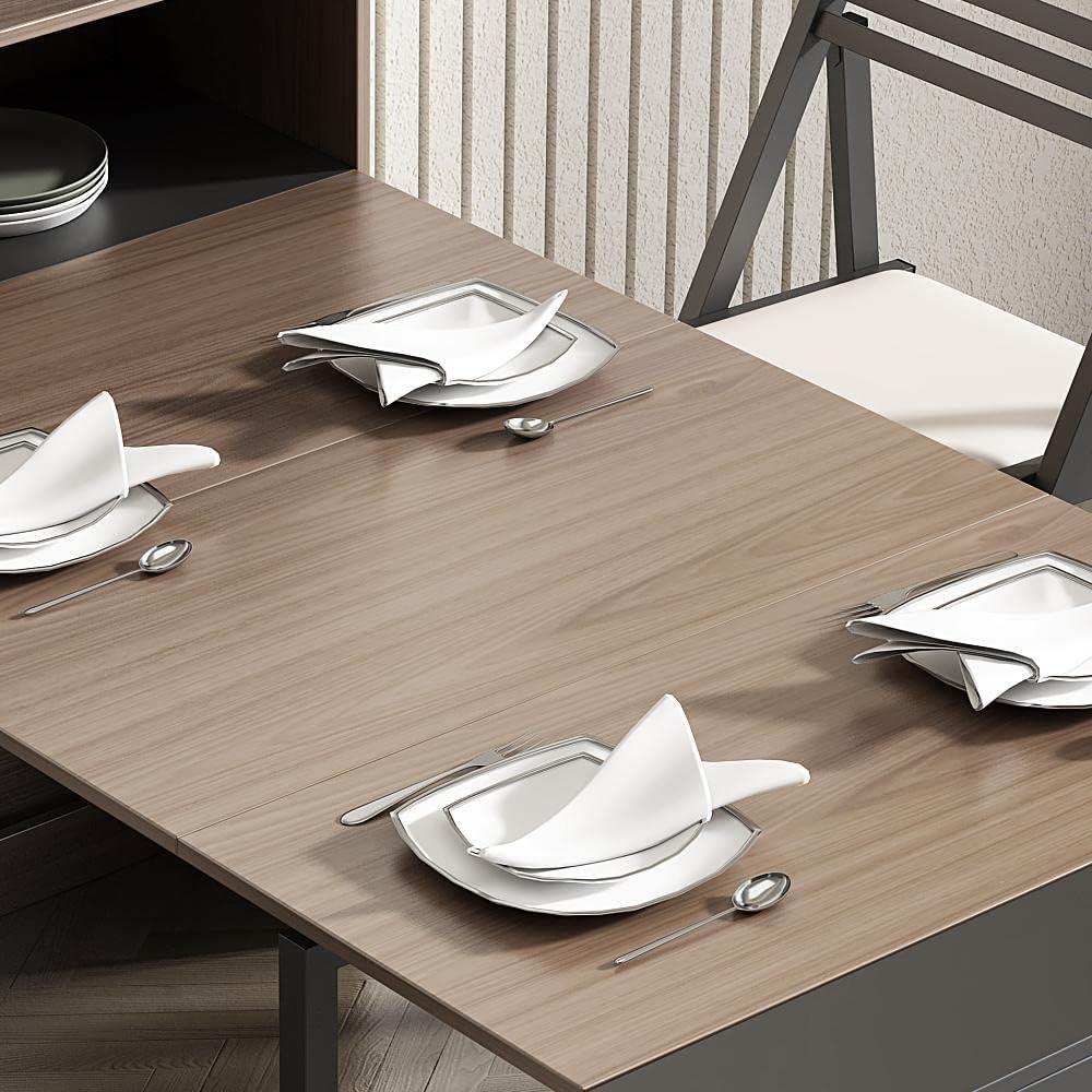 Modern Extendable Dining Table with Storage, Farmhouse Kitchen Table Rectangle Sideboard Glass Door (Walnut & Gray)