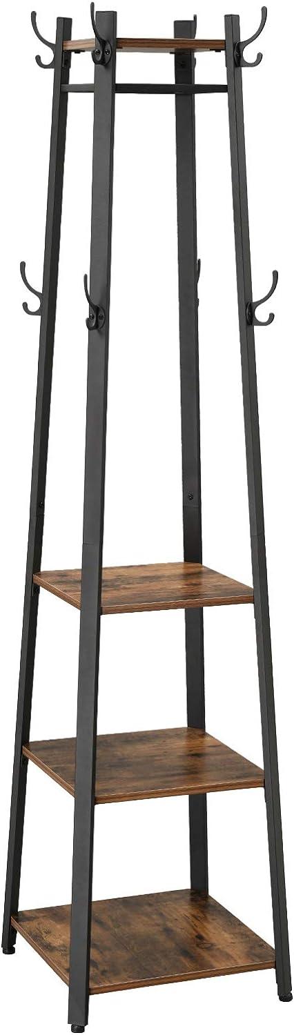 VASAGLE 8 Hooks Coat Rack Stand with 3 Shelves  Coat Tree for Entryway Bedroom Living Room Rustic Brown and Black