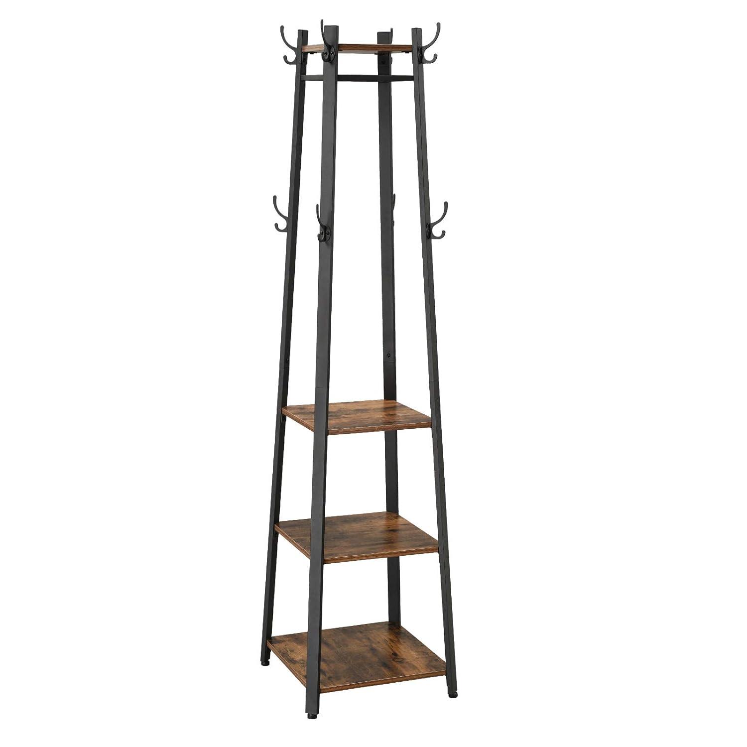 8 Hooks Coat Rack Stand with 3 Shelves Coat Tree for Entryway Bedroom Living Room Rustic Brown and Black