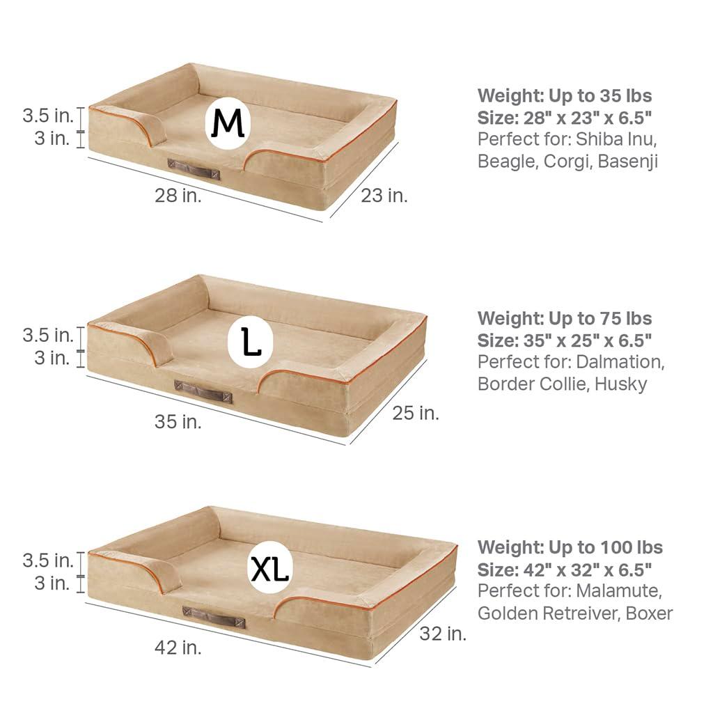 Medium Khaki Orthopedic Waterproof Dog Bed with Bolster