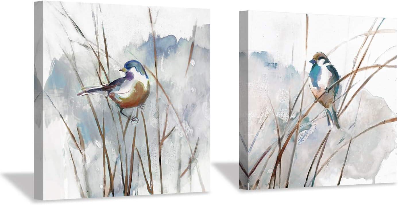 Abstract Watercolor Bird Canvas Art Set in Blue and Brown