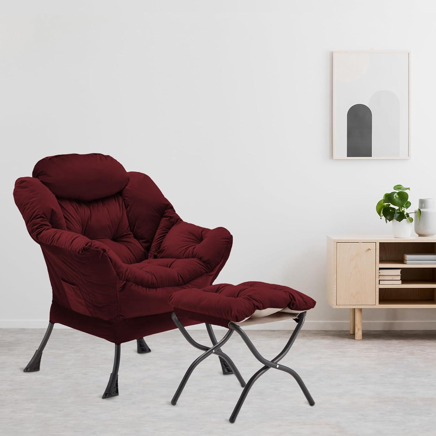 Burgundy Velvet Accent Chair with Ottoman and Metal Frame