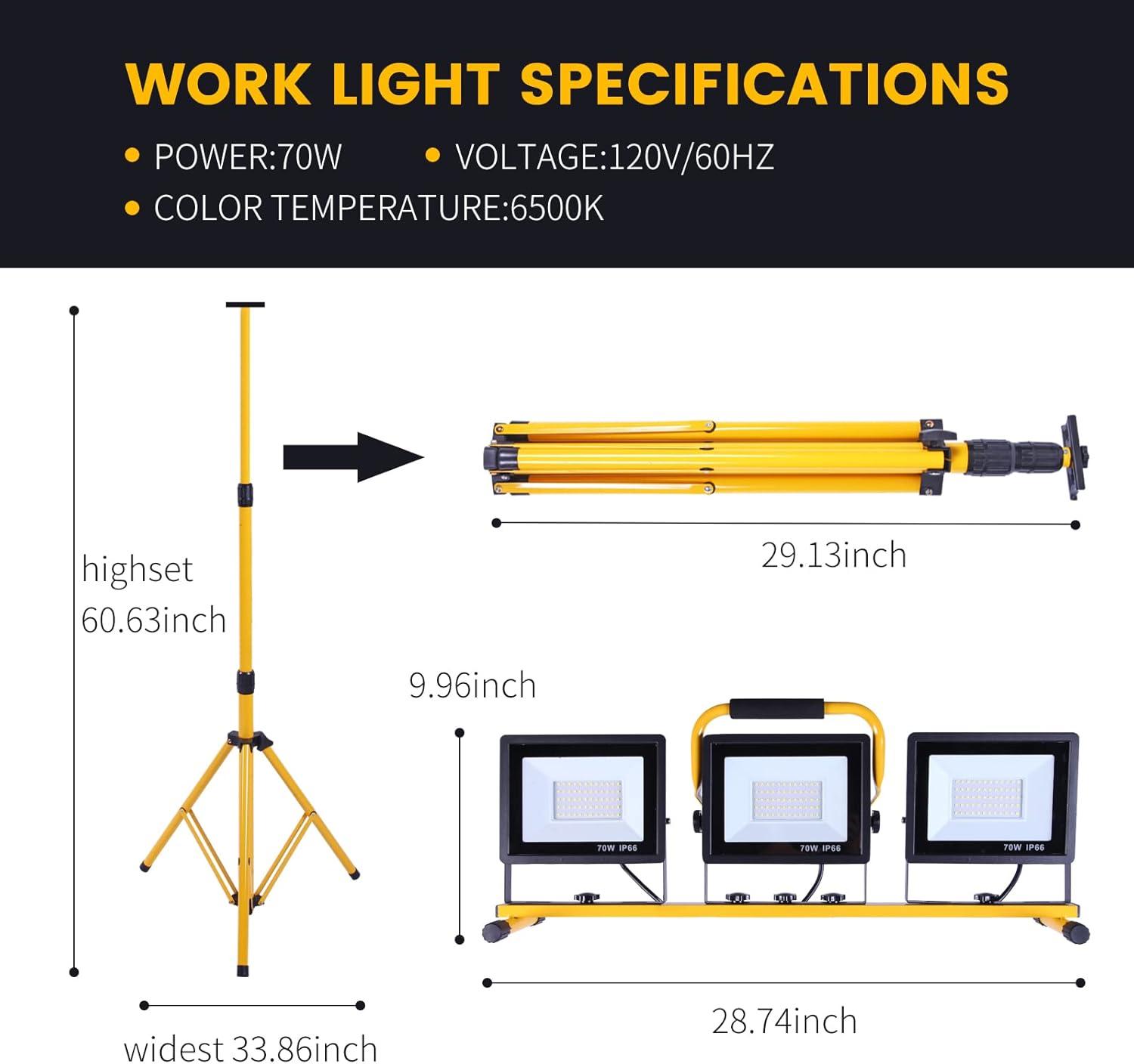 21000 Lumen Work Lights with Stand，3 Adjustable Head LED Work Light, with Adjustable and Foldable Tripod Stand, Waterproof Lamp with Individual Switch with 6500 Kelvin Color Temperature