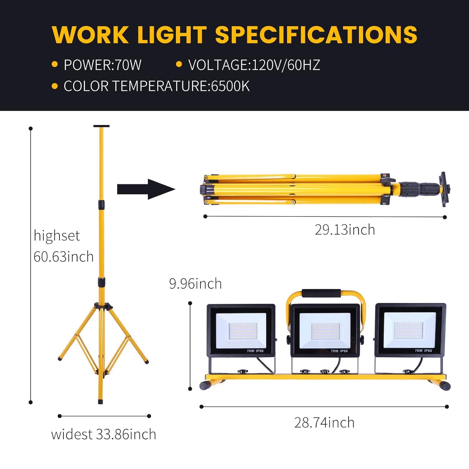 21000 Lumen Work Lights with Stand，3 Adjustable Head LED Work Light, with Adjustable and Foldable Tripod Stand, Waterproof Lamp with Individual Switch with 6500 Kelvin Color Temperature