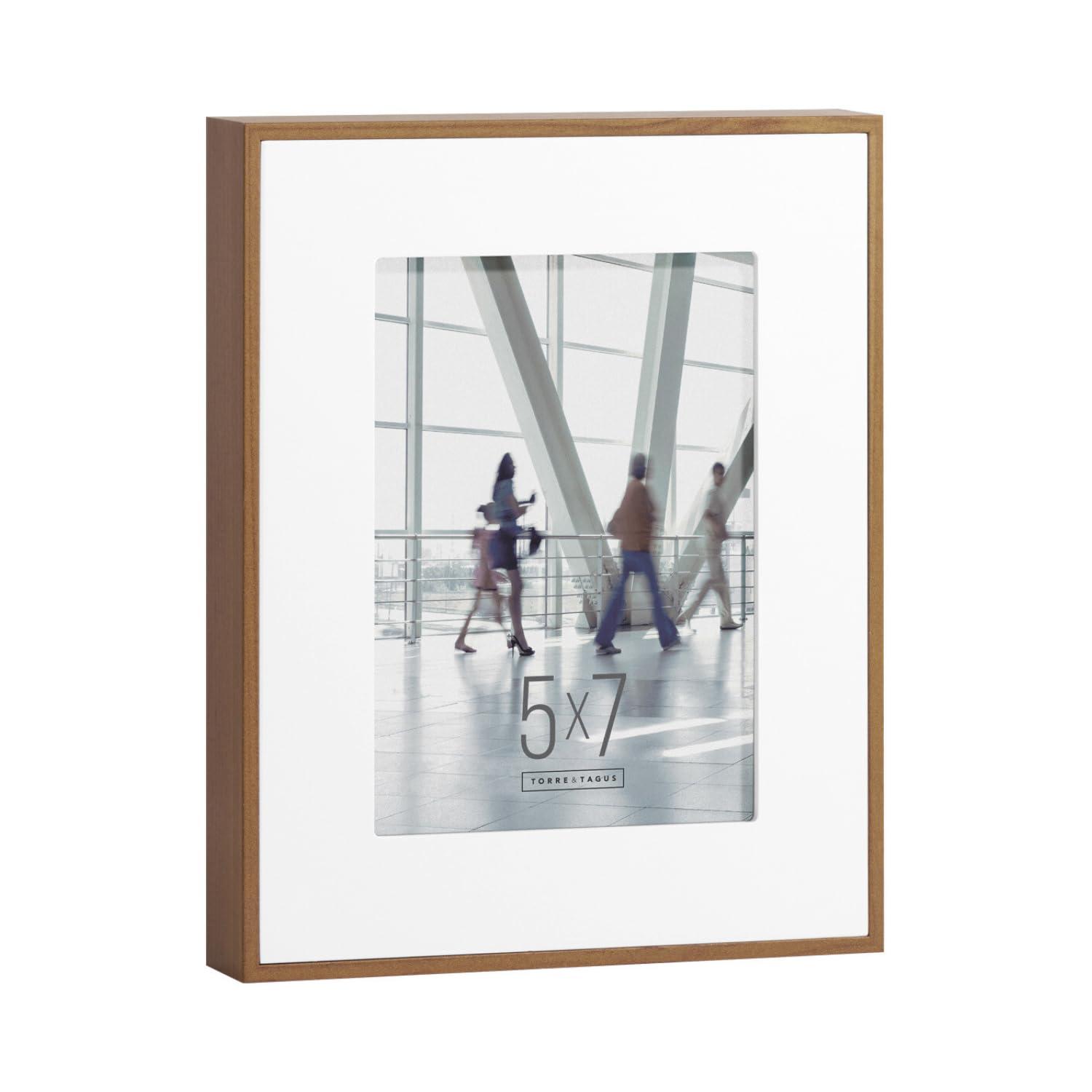 Torre & Tagus White Matted 5x7 Picture Frame Walnut Woodgrain, Engineered Wood Frame Gallery Mount Artwork Holder On Wall or Tabletop For Photos, Posters & Art Prints (Boulevard)