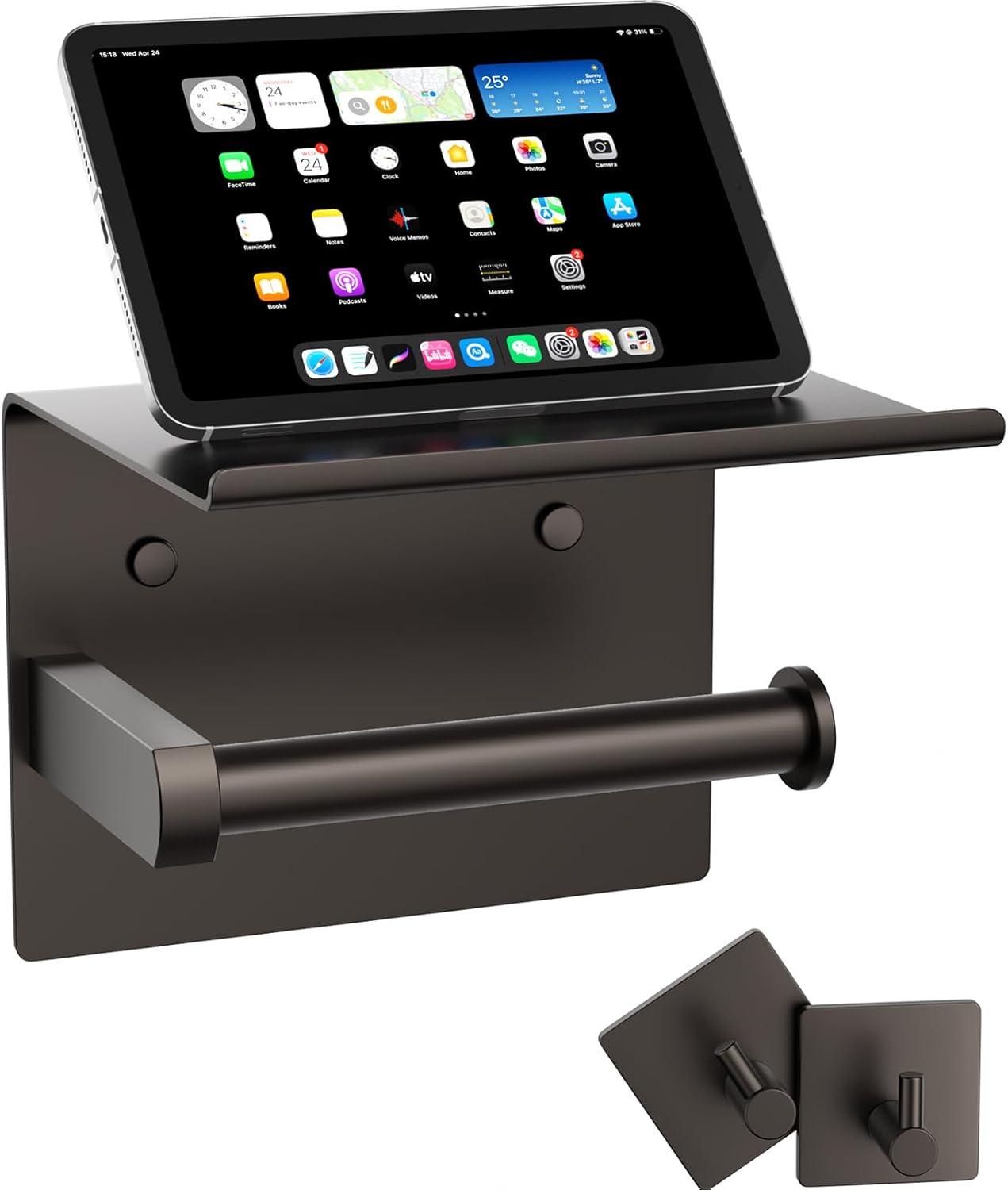 Tindbea Mega Size Toilet Paper Holder with Shelf + Towel Robe Hooks, Adhesive or Screw Wall Mounted Toilet Tissue Roll Holder, Stainless Steel Bathroom Hardware Set (Bronze)