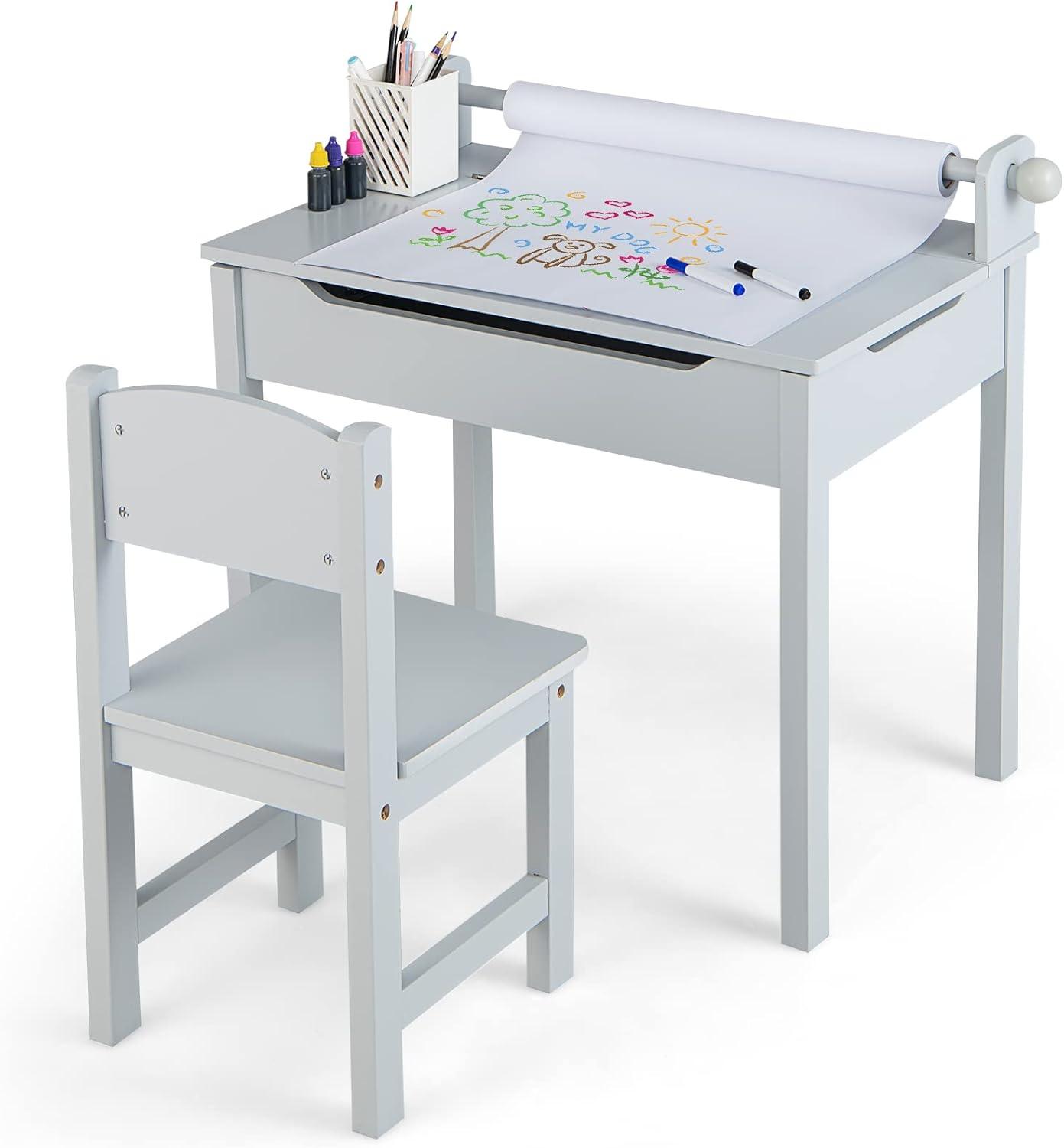 Gray Wooden Kids Activity Table and Chair Set with Storage