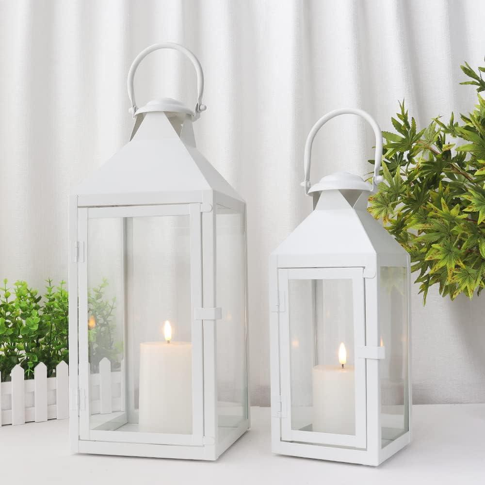 White Metal and Glass Tabletop Hanging Candle Lantern Set