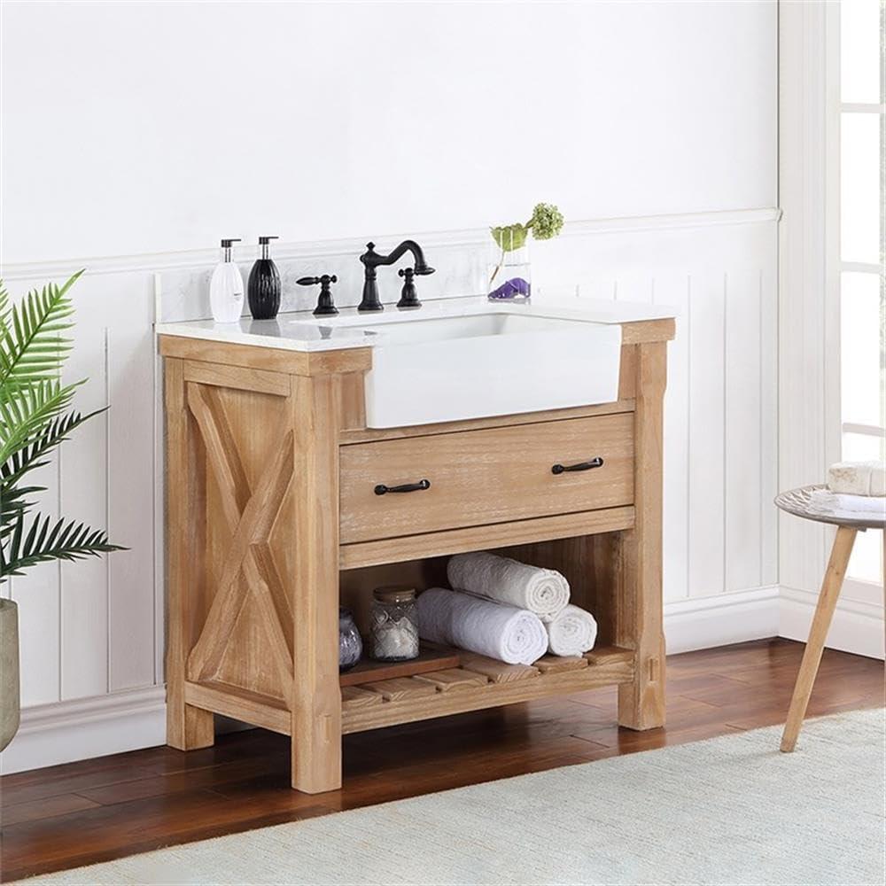 Villareal 36" Single Bath Vanity in Weathered Pine Wood & White Farmhouse Basin