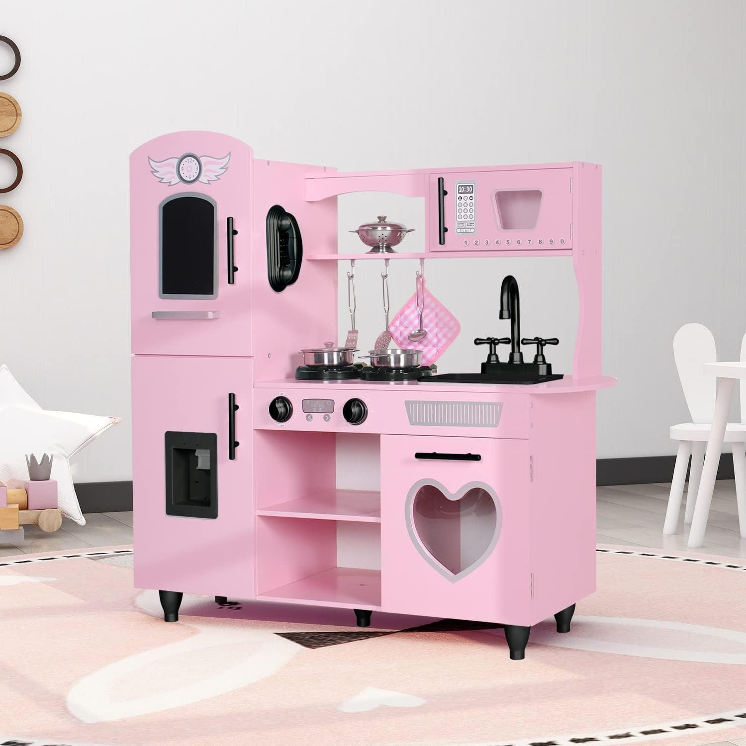 Pink Wooden Play Kitchen Set with LED Lights and Sounds