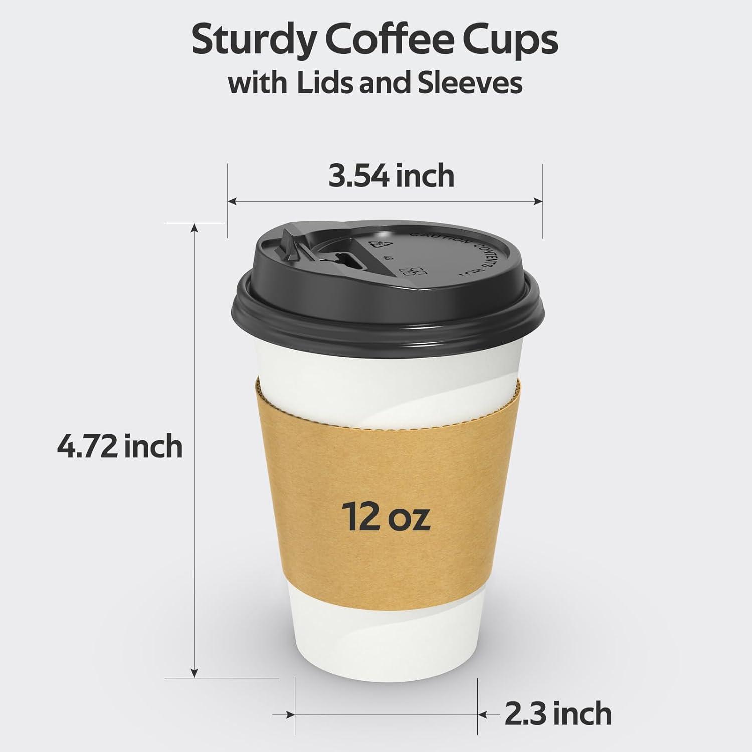 GUSTO 12 Oz Paper Cups Disposable Coffee Cups with Lids & Coffee Sleeves, 100 Sets