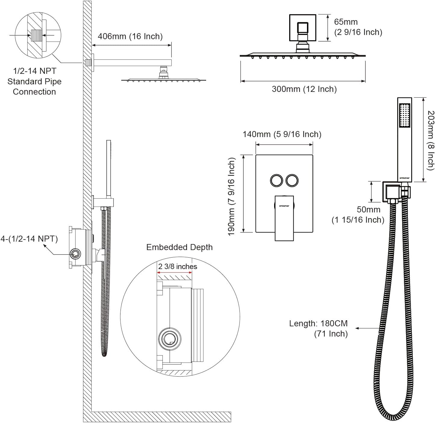 Shower System Shower Faucet Set with Push-Button Diverter and Wall Supply Elbow 10 Inch Shower Head Matte Black