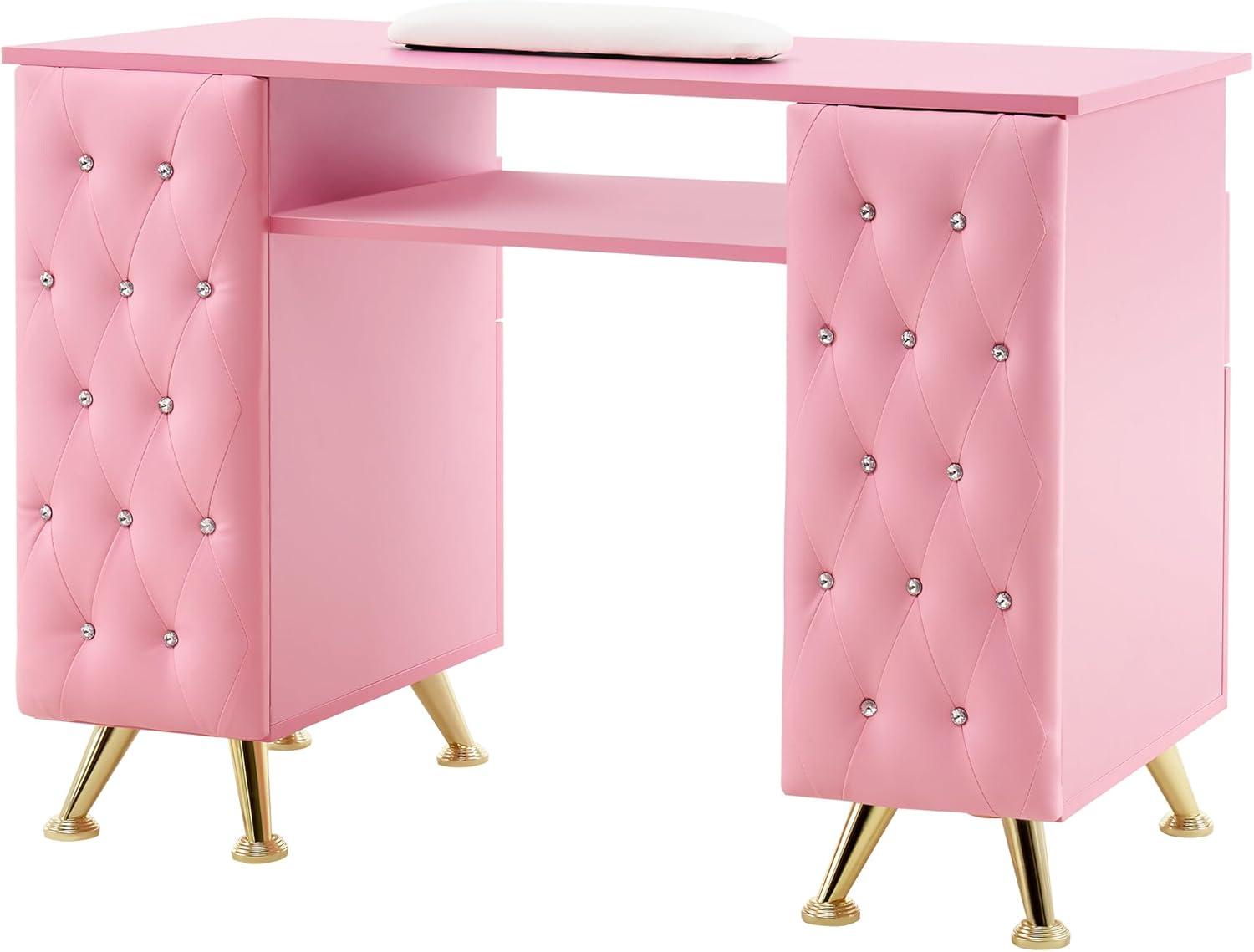 BarberPub Rectangular Manicure Table, Pink Nail Desk Storage Equipment with Drawer, 2671