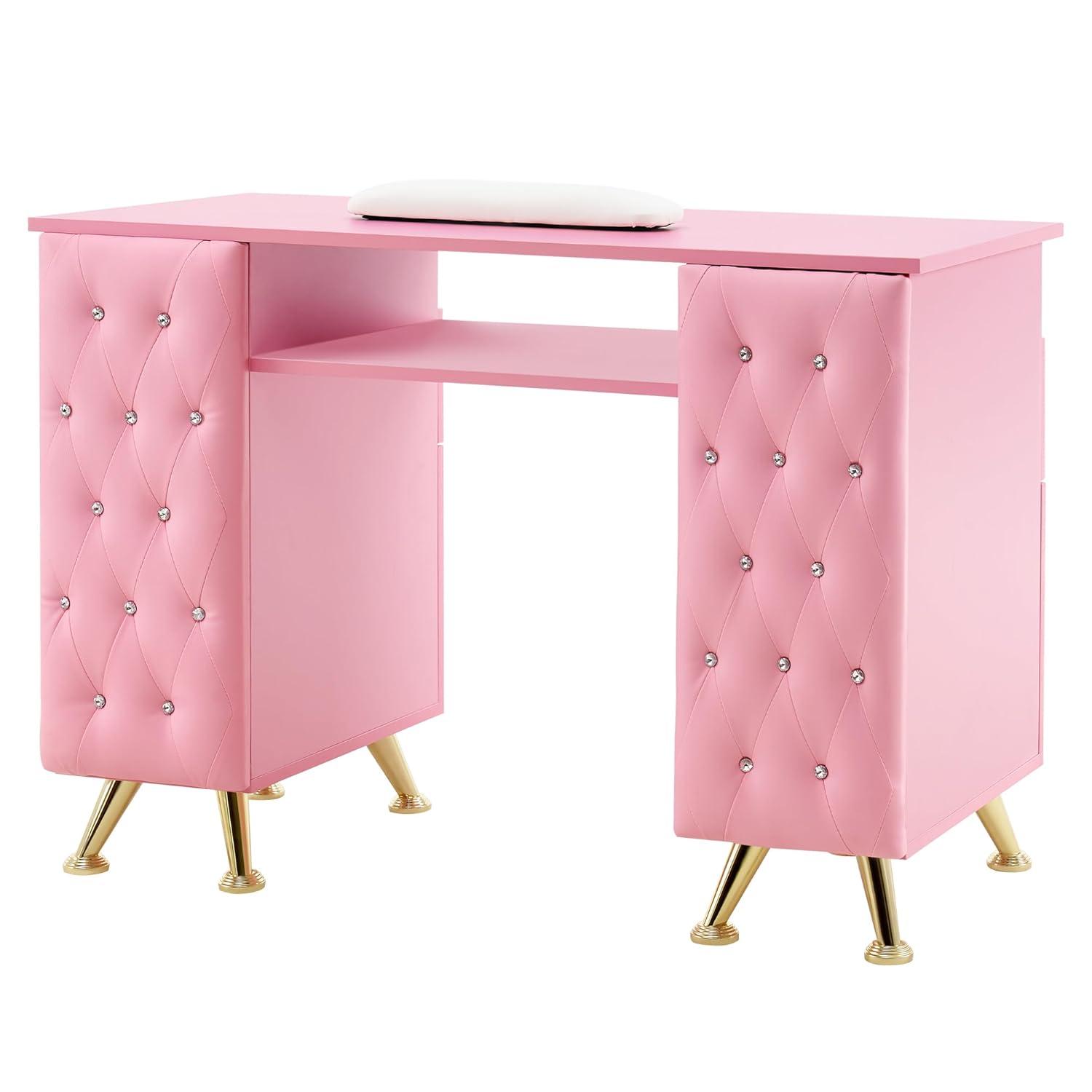 BarberPub Rectangular Manicure Table, Pink Nail Desk Storage Equipment with Drawer, 2671