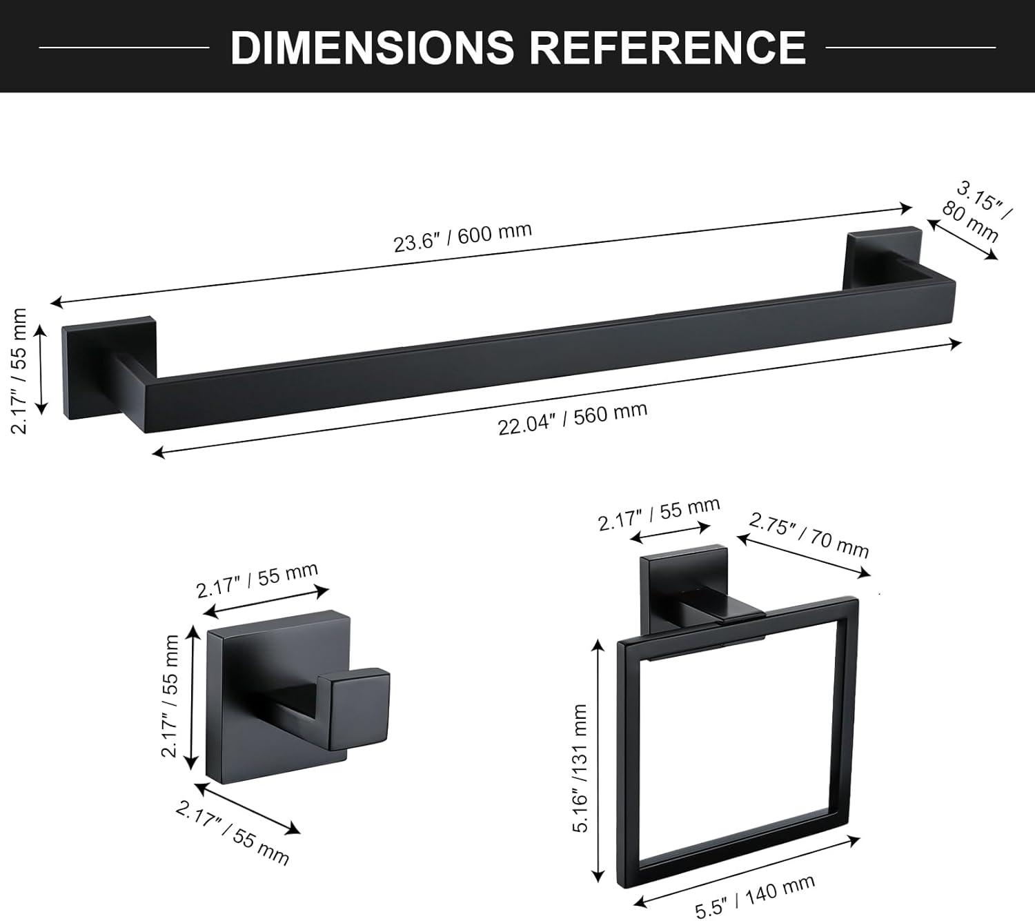 Black Towel Bar Set 5-Piece Bathroom Hardware Set,Square SUS304 Stainless Steel - 23.6 Inch Wall Mounted Towel Rack,Toilet Paper Holder,Towel Ring and Towel Hook