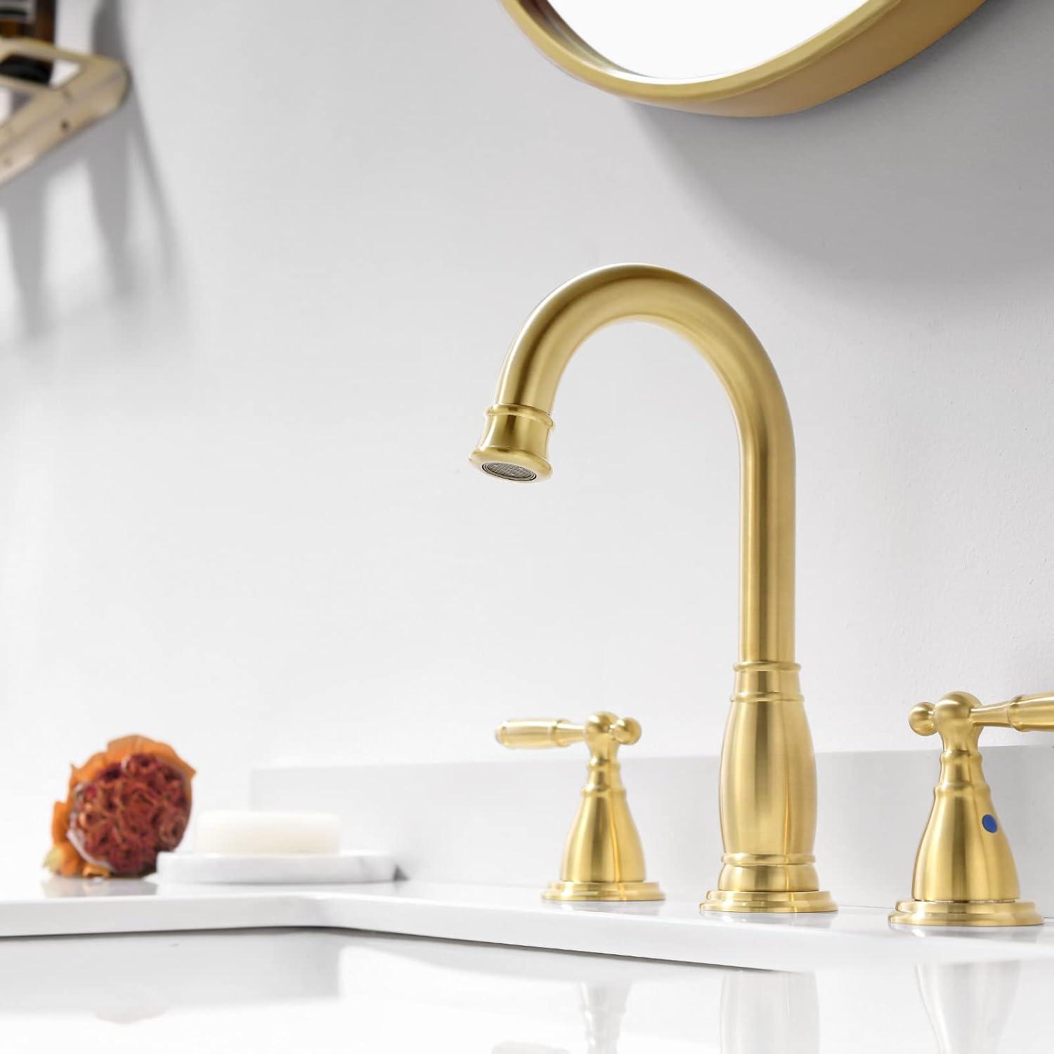 Phiestina Brushed Gold Widespread 2-handle High-arc Commercial/Residential Handle Bathroom Sink Faucet with Drain