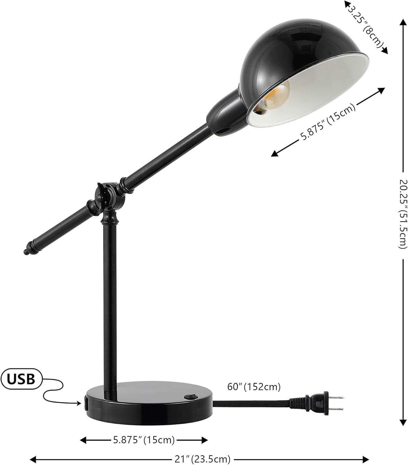 JONATHAN Y JYL7123A Curtis 20.25" Vintage Industrial Iron Adjustable Dome Shade LED Task Lamp with USB Charging Port, Classic, Coastal for living room, dinning room, bedroom Bulb Included, Black