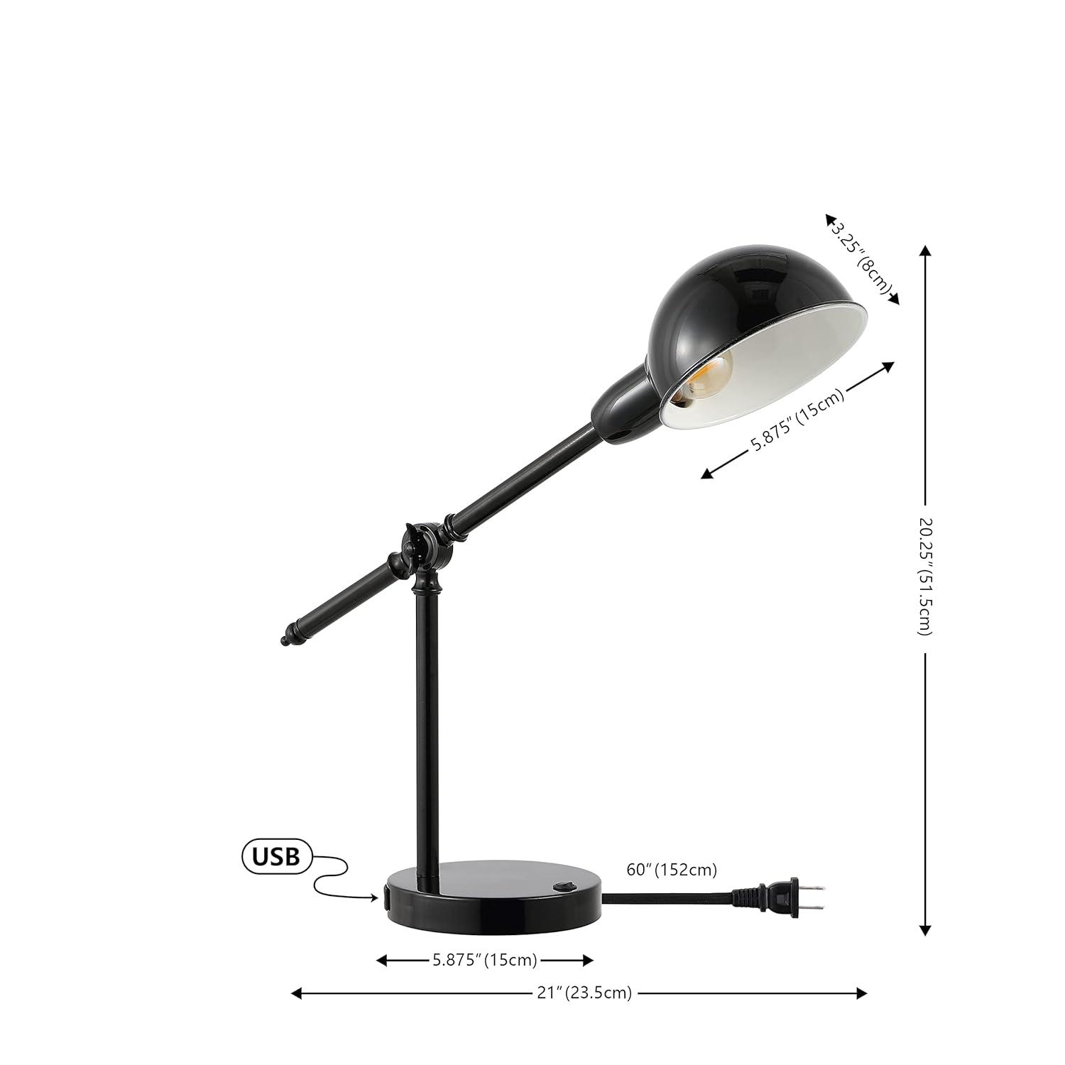 JONATHAN Y JYL7123A Curtis 20.25" Vintage Industrial Iron Adjustable Dome Shade LED Task Lamp with USB Charging Port, Classic, Coastal for living room, dinning room, bedroom Bulb Included, Black