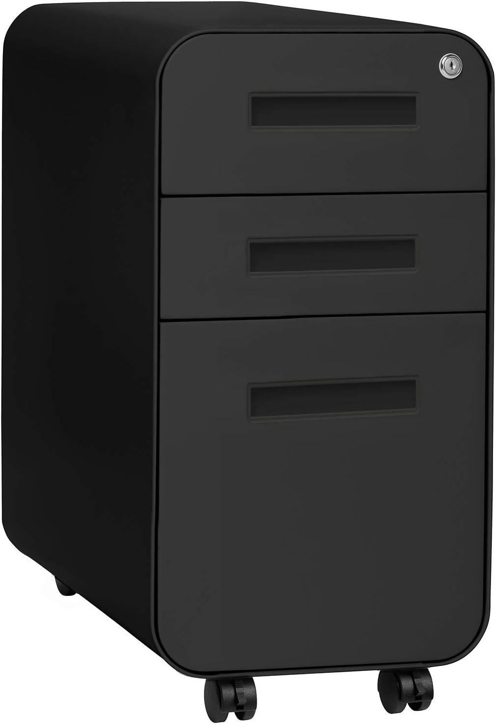 Black Slim 3-Drawer Lockable Mobile File Cabinet