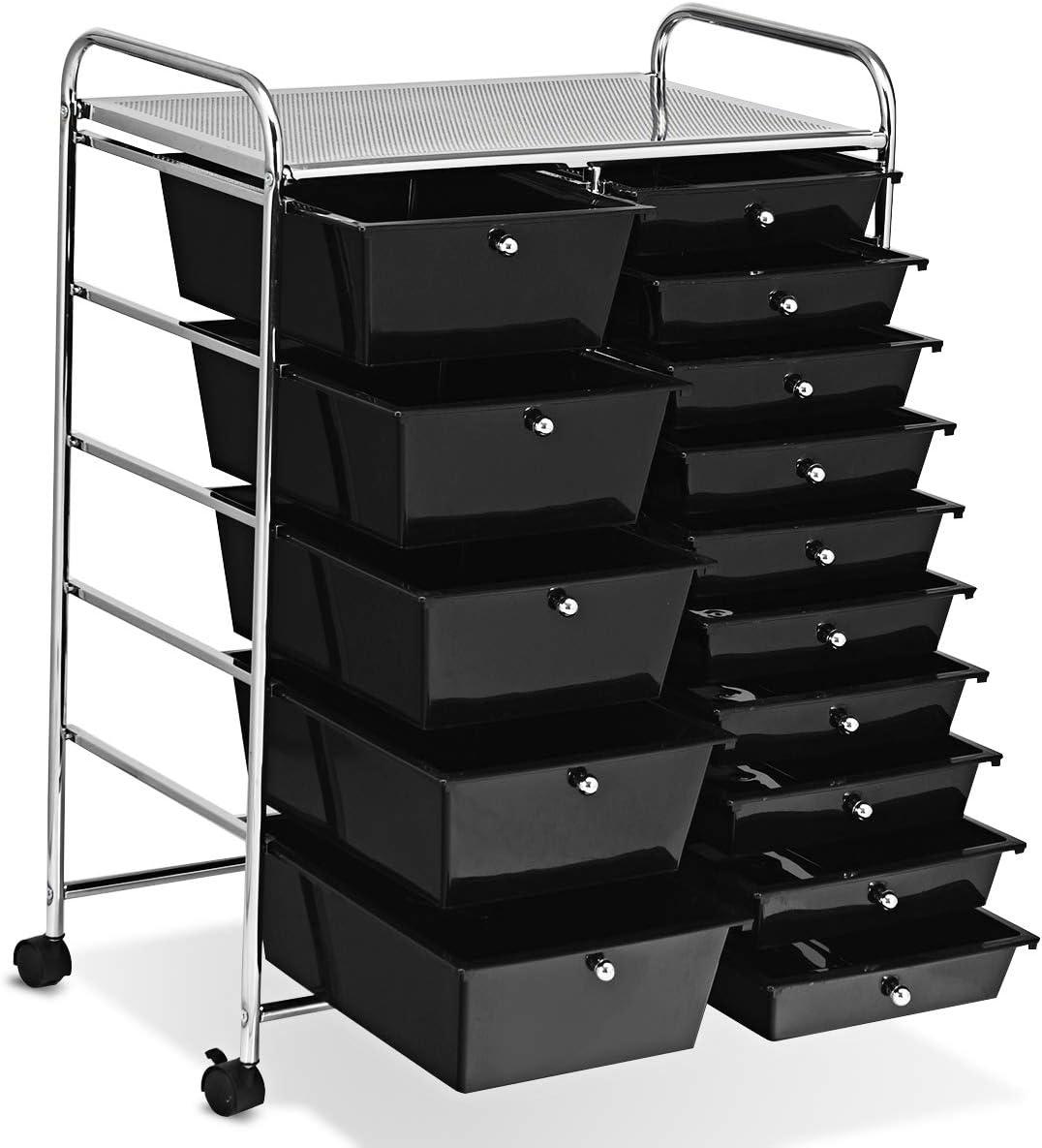 15-drawer Utility Organizer Rolling Cart with Wheels Black