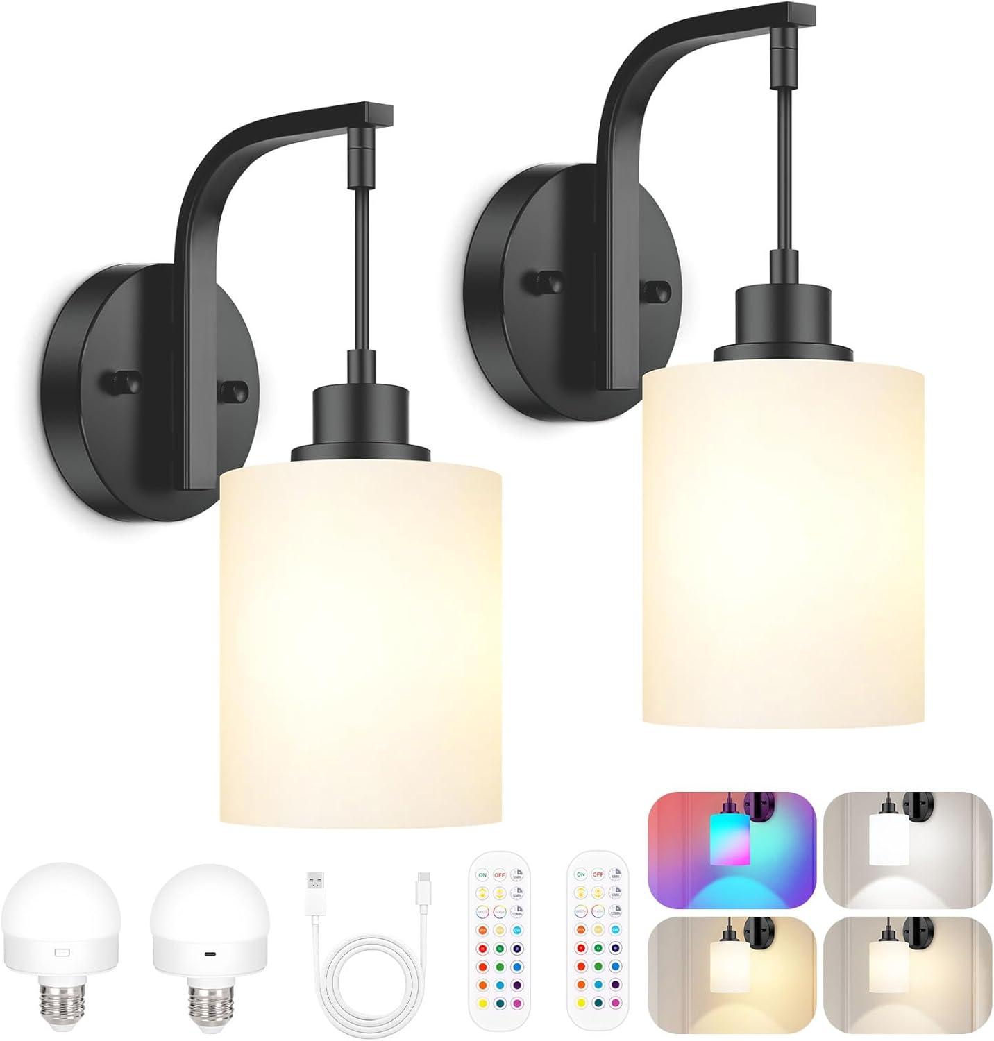 Latitude Run® Battery Operated Wall Sconce Set Of 2, Wireless Rechargeable Wall Lights, Glass Wall Lamps With Remotes And Dimmable RGB LED Bulbs, No Wiring Indoor Sconces Wall Decor For Bedroom Living Room Hallway