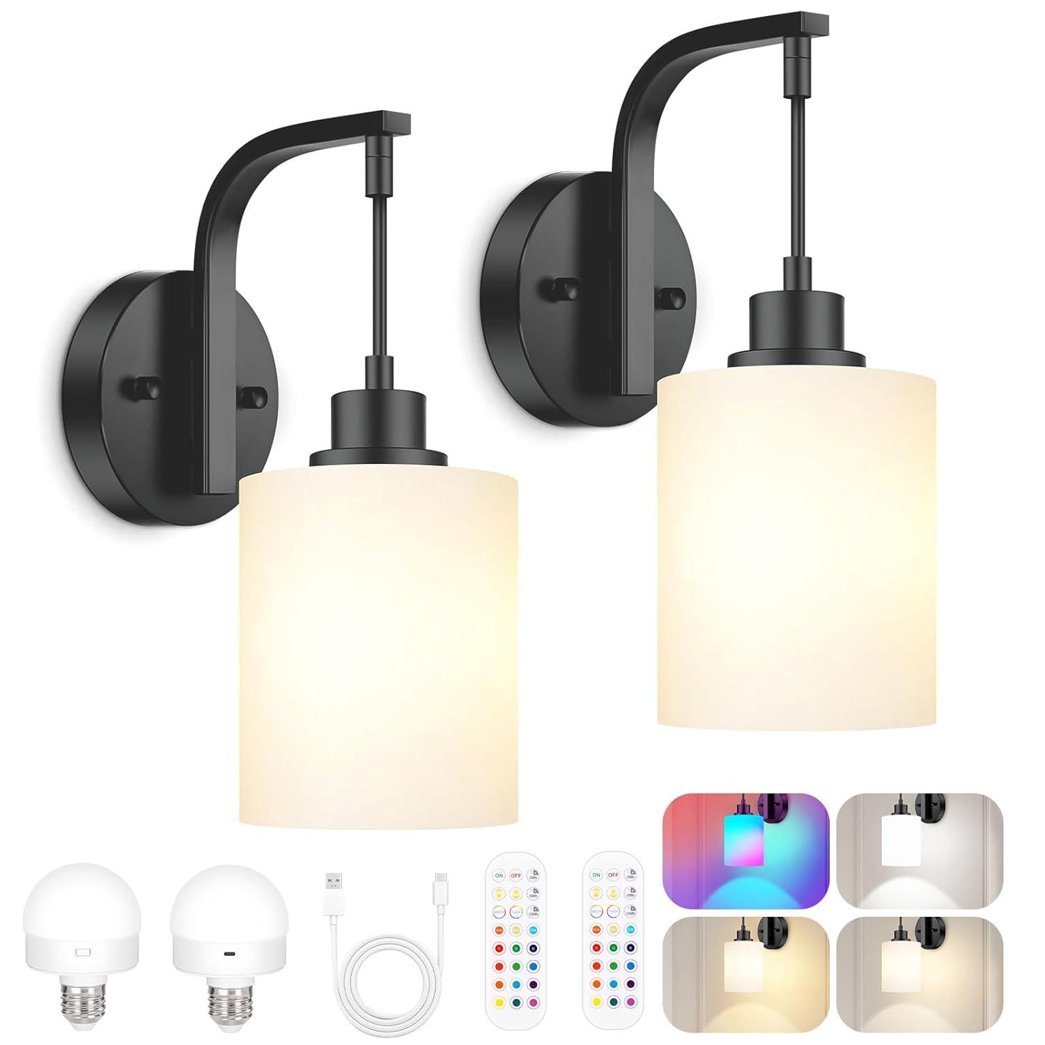 Latitude Run® Battery Operated Wall Sconce Set Of 2, Wireless Rechargeable Wall Lights, Glass Wall Lamps With Remotes And Dimmable RGB LED Bulbs, No Wiring Indoor Sconces Wall Decor For Bedroom Living Room Hallway