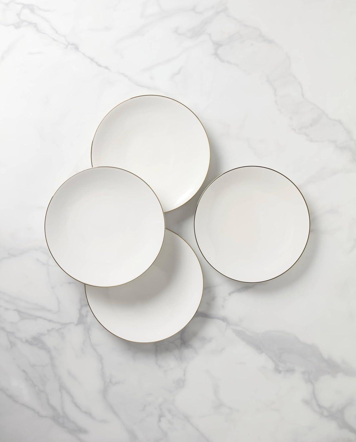 White Porcelain Coupe Dinner Plates with Gold Accents, Set of 4