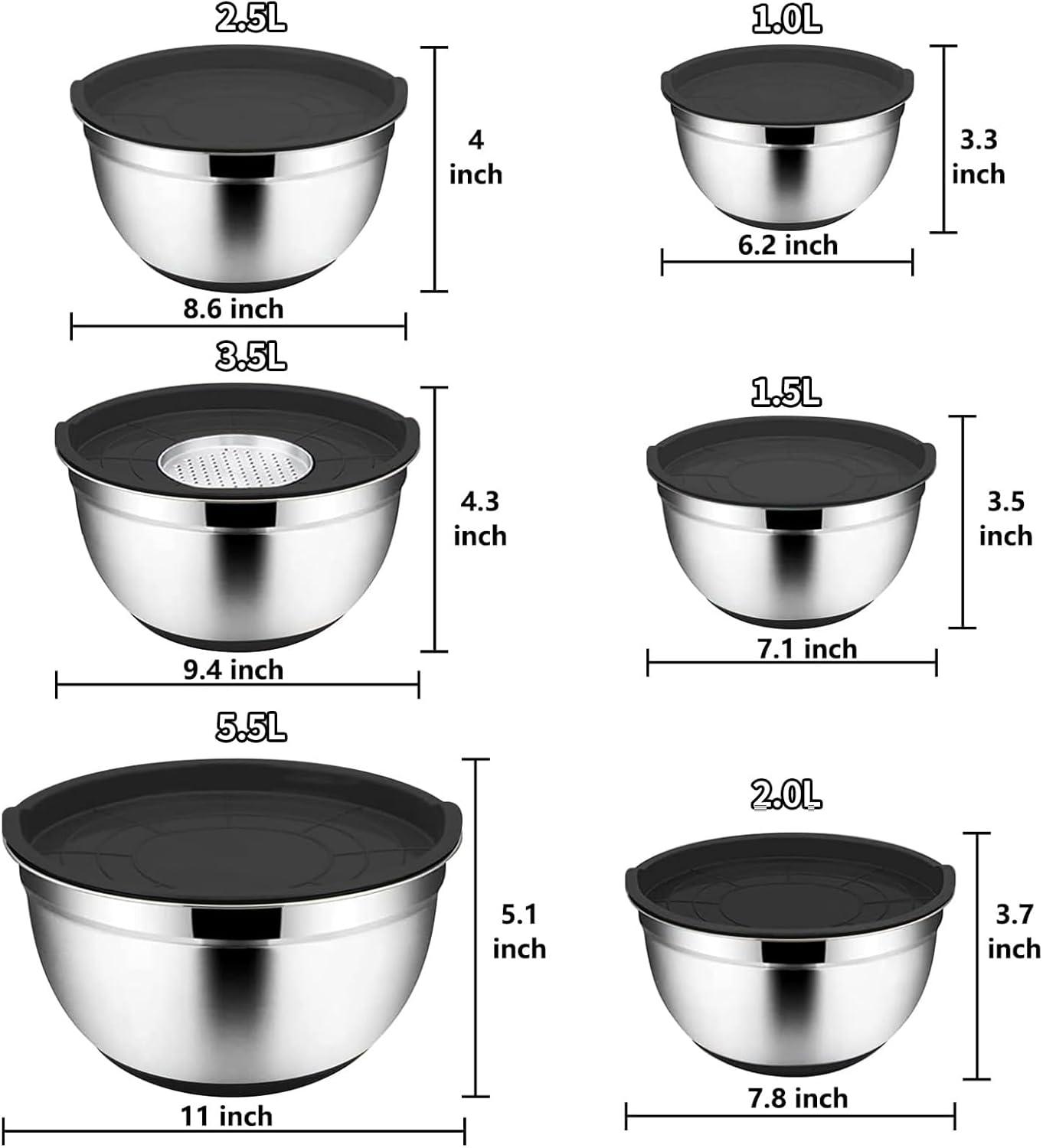 6-Piece Black Stainless Steel Mixing Bowl Set with Lids and Graters