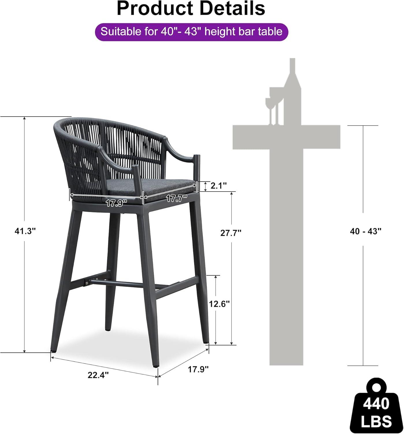 PURPLE LEAF Patio Bar Stools Set of 2 Outdoor Wicker Modern High Bar Chairs Metal Cushioned Barstools with Backs and Ergonomic Armrest for Balcony Garden Indoor Kitchen Island, Gray