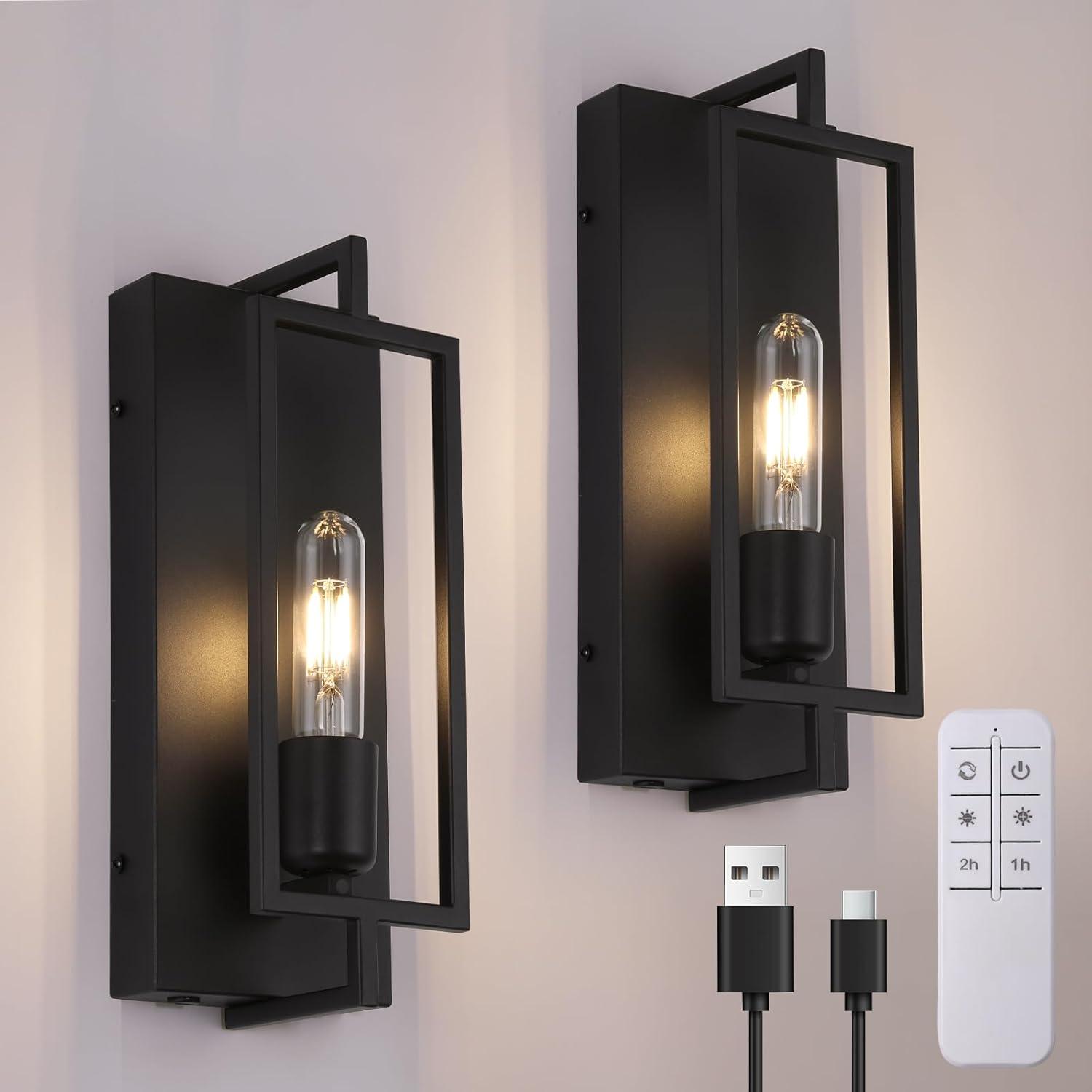 Matte Black Industrial Wall Sconces Set of 2 with Metal Frame