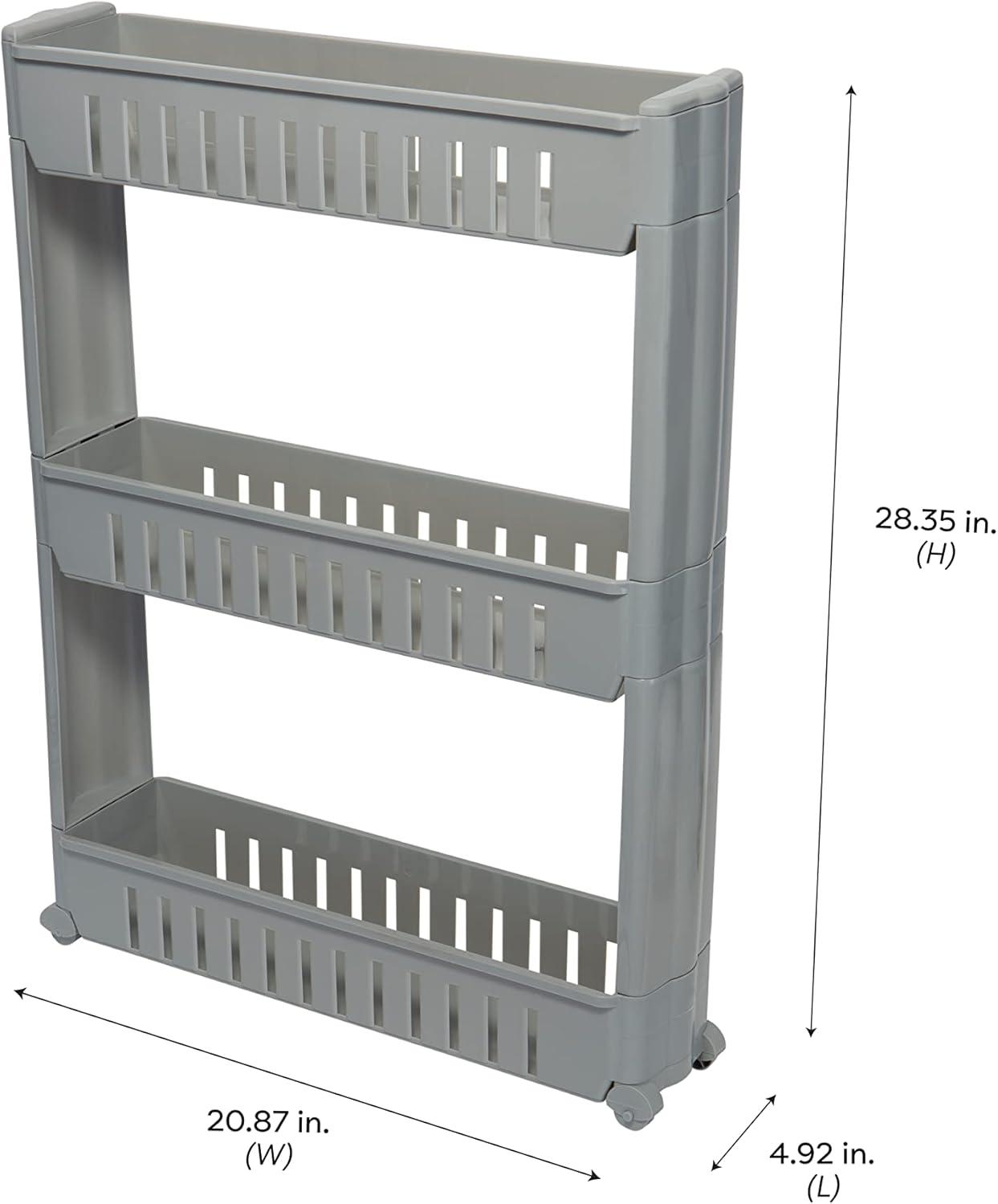 Simplify 3 Tier Slim Slide Out Plastic Storage Cart in Grey for Laundry Room or Closet