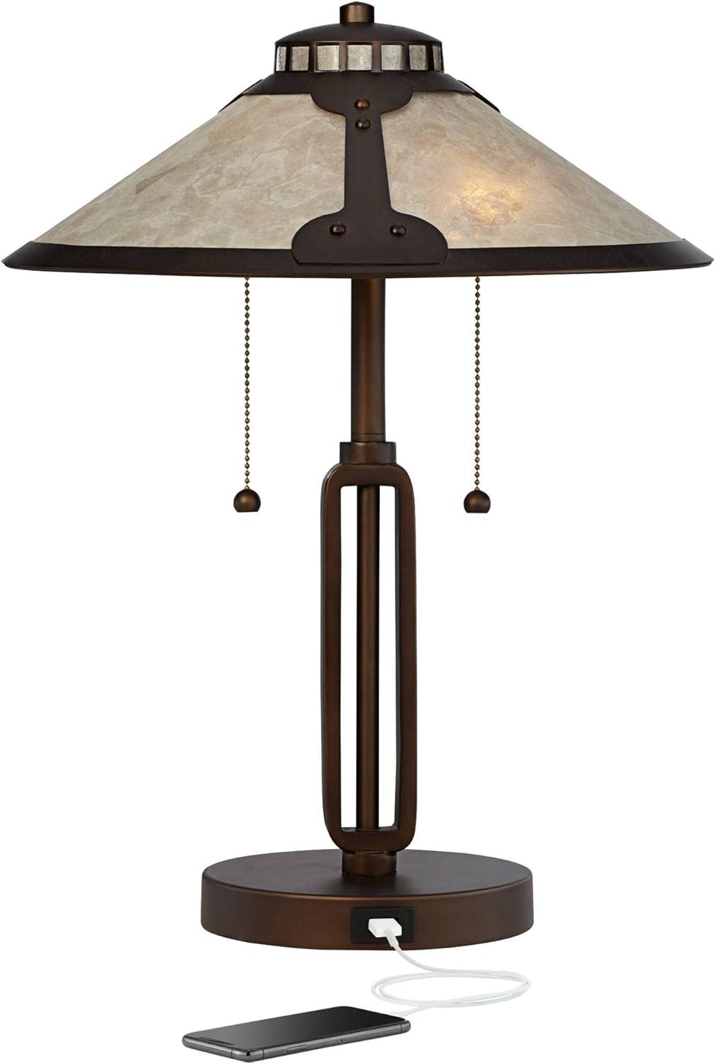 Franklin Iron Works Samuel Industrial Desk Lamp 20" High Rubbed Bronze with USB Charging Port Natural Mica Shade for Bedroom Living Room Bedside Desk