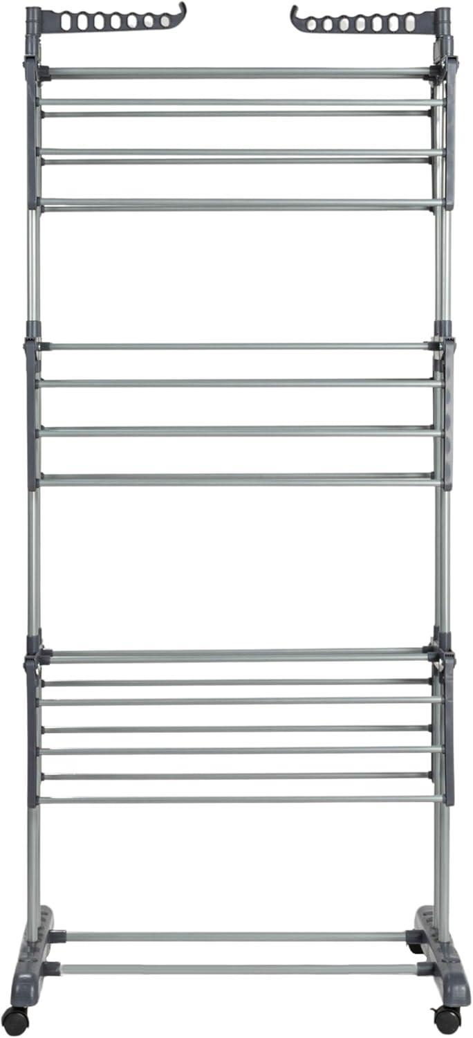 Household Essentials 4 Tier Stainless Steel Laundry Drying Rack with Two Side Wings, Grey