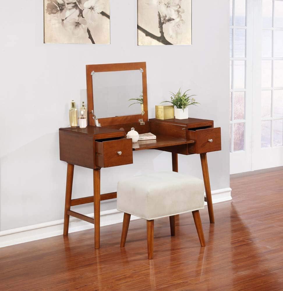 Viola Mid-Century Modern Flip-up Mirror 2 Drawer Vanity and Upholstered Stool Brown - Linon