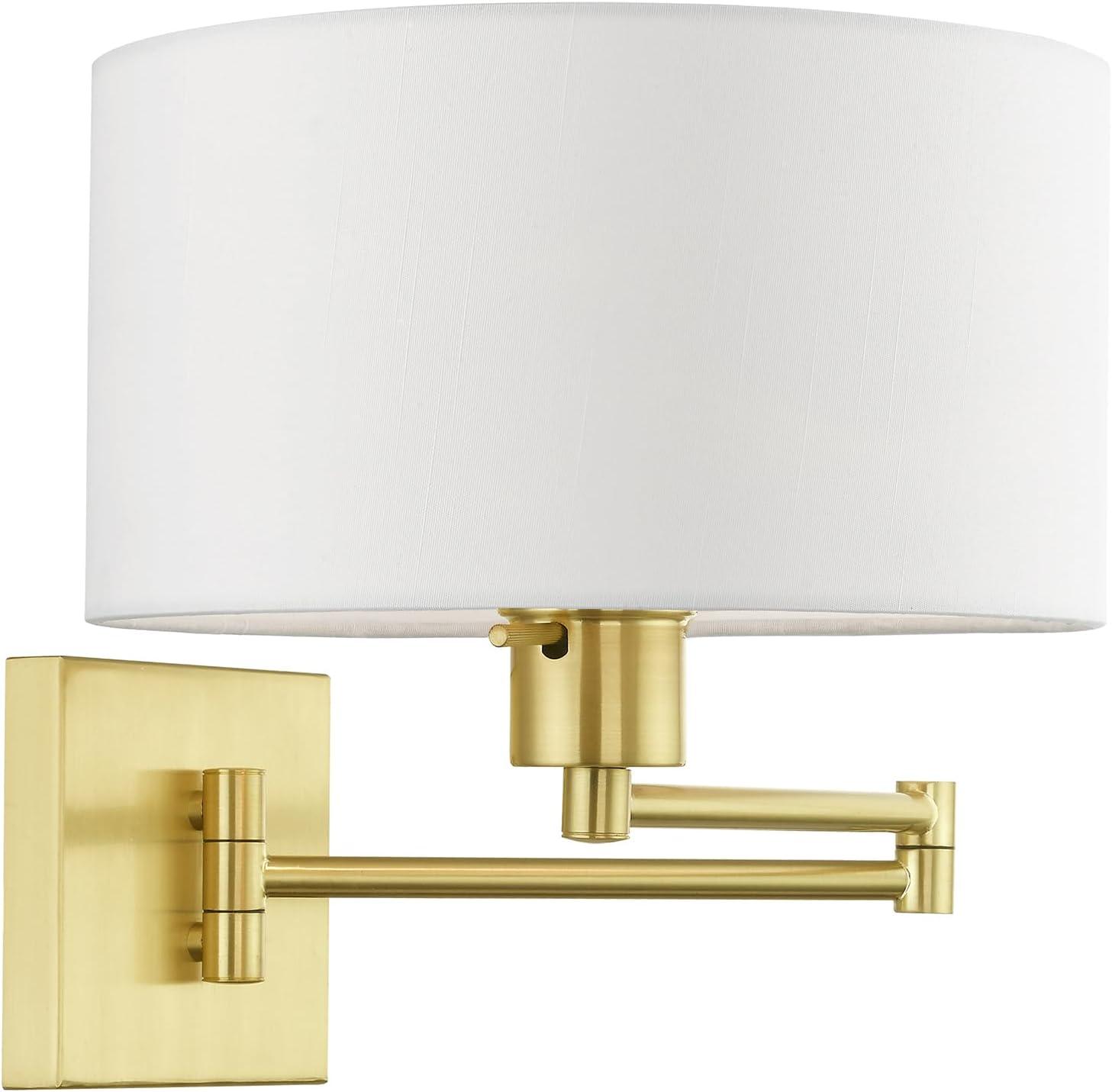 Satin Brass Swing Arm Wall Lamp with Off-White Shade