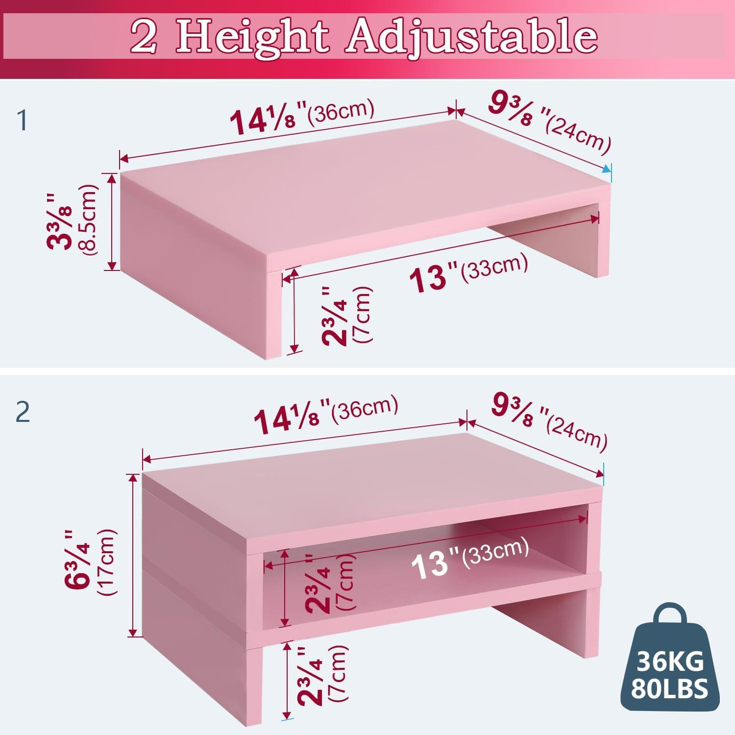 Pink MDF Adjustable Dual Monitor Stand Riser Set