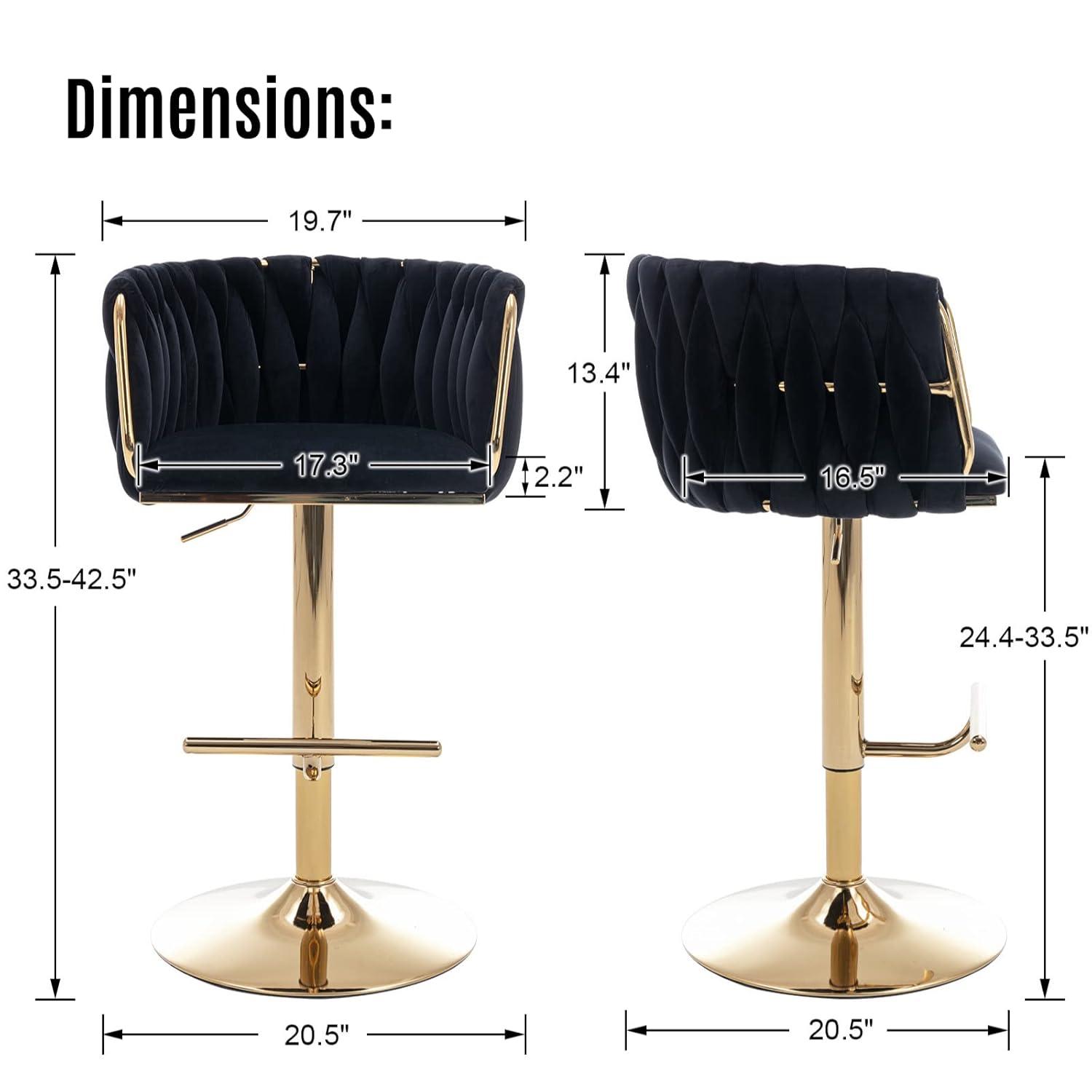 Velvet Bar Stools Set of 2, Counter Height Bar Stools with Low Back, Gold Swivel Barstools for Kitchen Island, Bar Pub (Grey)