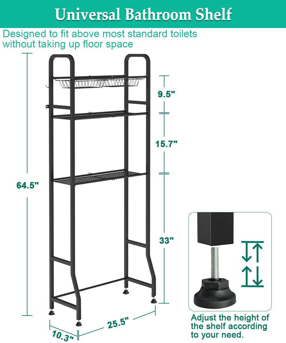 Over The Toilet Storage Shelf For Bathroom, 3-Tier Above Toilet Rack Bathroom Organizer With Adjustable Shelves And Hanging Hooks, Easy To Assemble & Space Saving, White