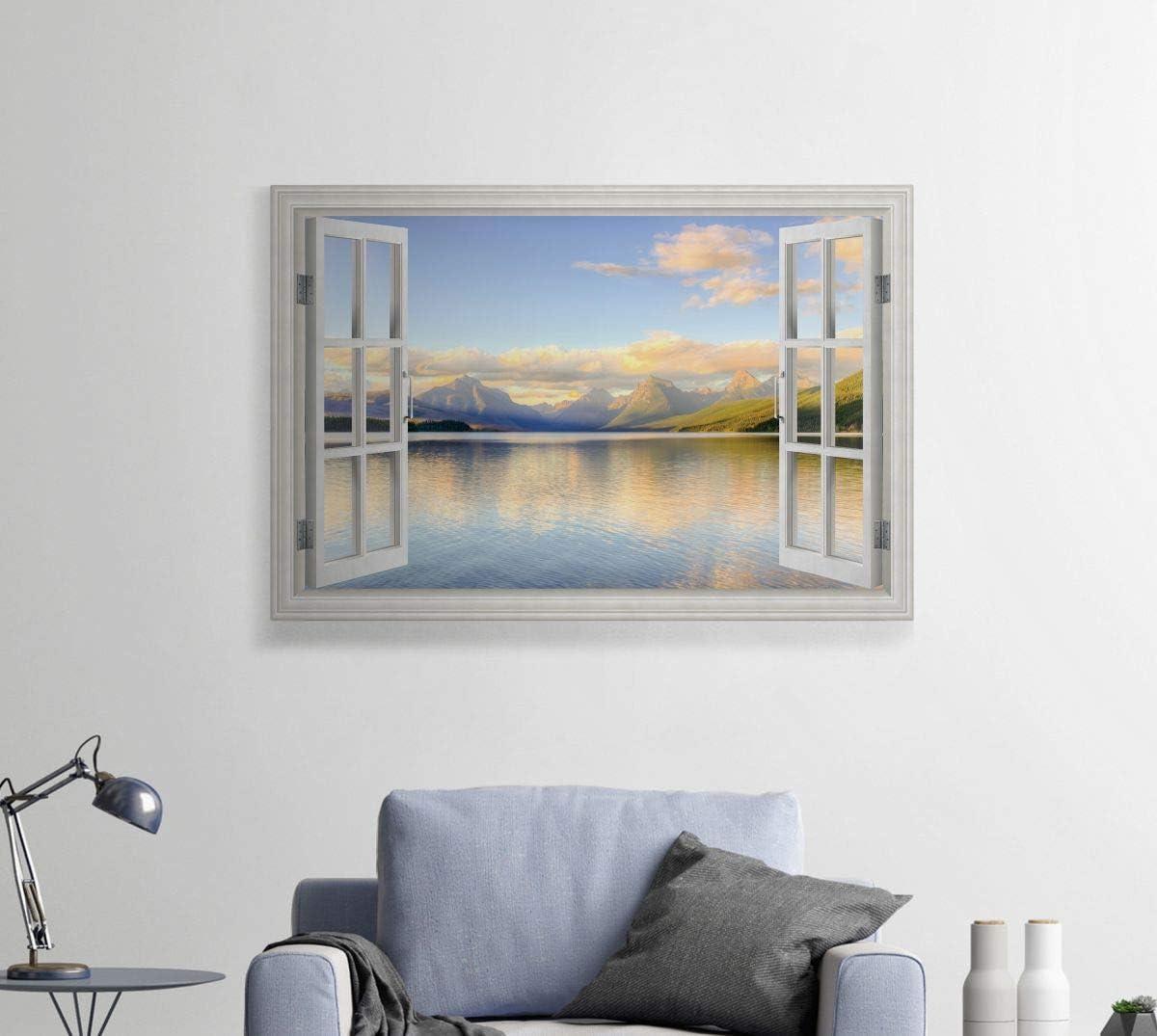 Mountain Lake Landscape Canvas Wall Art in White Frame