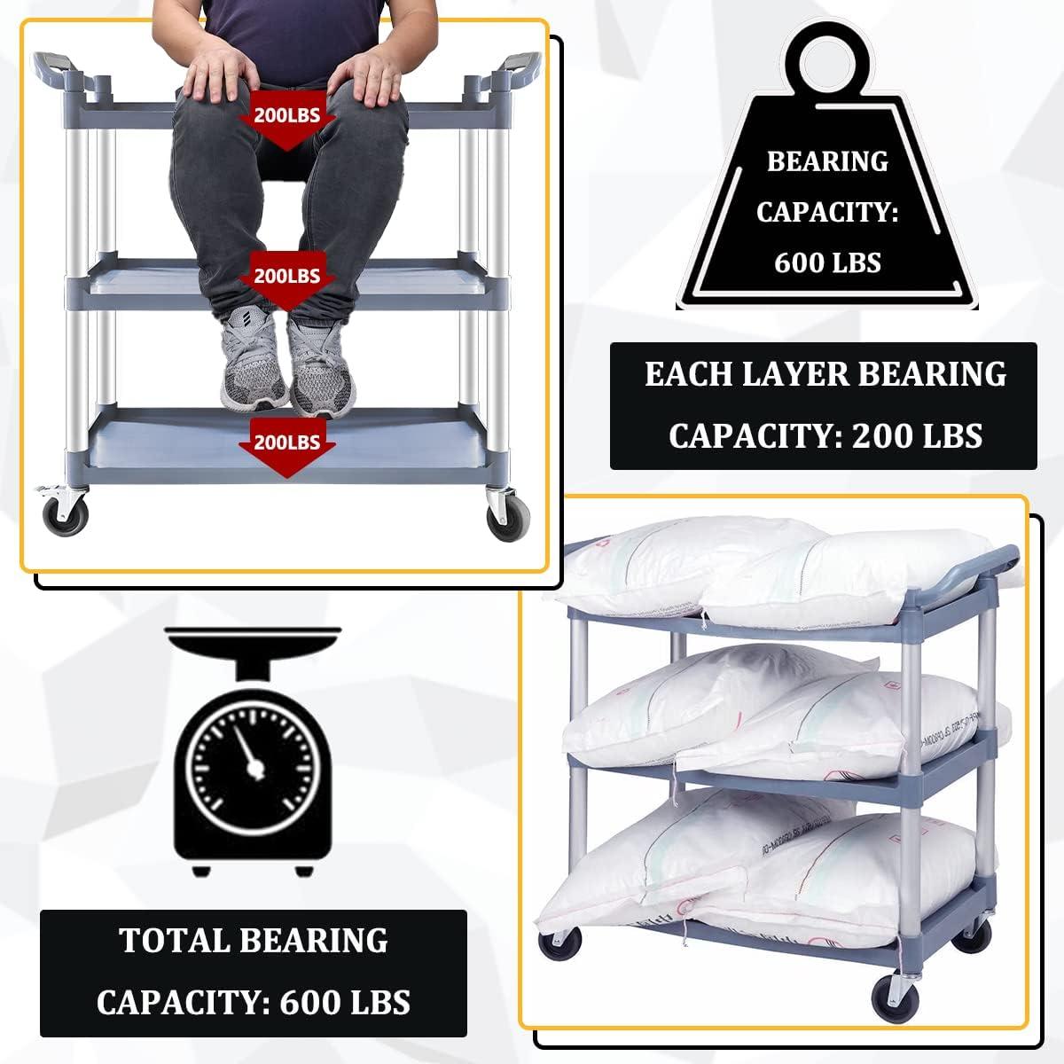 Service Cart Heavy Duty 3-Shelf Rolling Utility/Push Cart with Lockable Wheels, 360 lbs. Capacity, for Foodservice/Restaurant/Cleaning