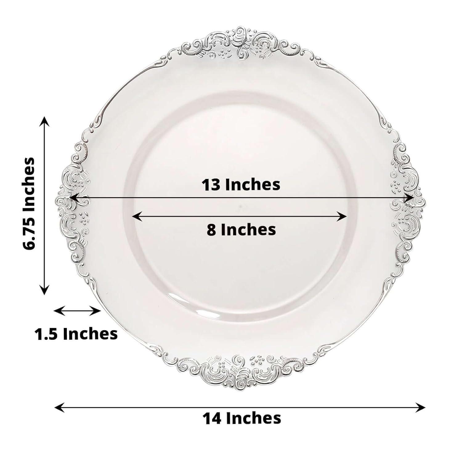 Efavormart 6 Pack Clear Silver 13" Round Baroque Charger Plates Leaf Embossed Rim for Tabletop Decor Catering Event Decoration